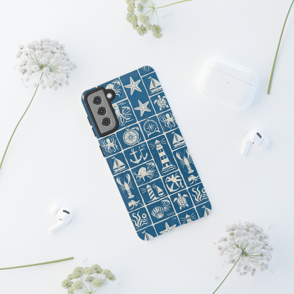 Nautical Tile Phone Case — Blue Coastal Icons (lighthouse, anchor, seashells)