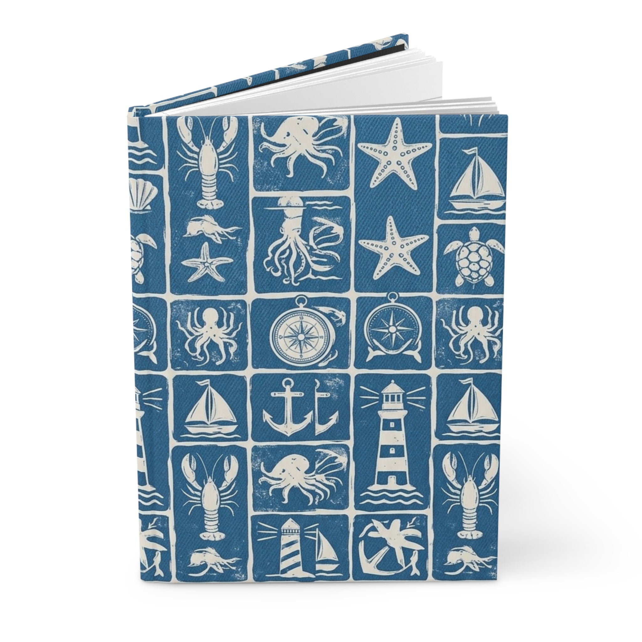 Nautical Icons Hardcover Journal — Compass, Lighthouse & Sea Life Pattern