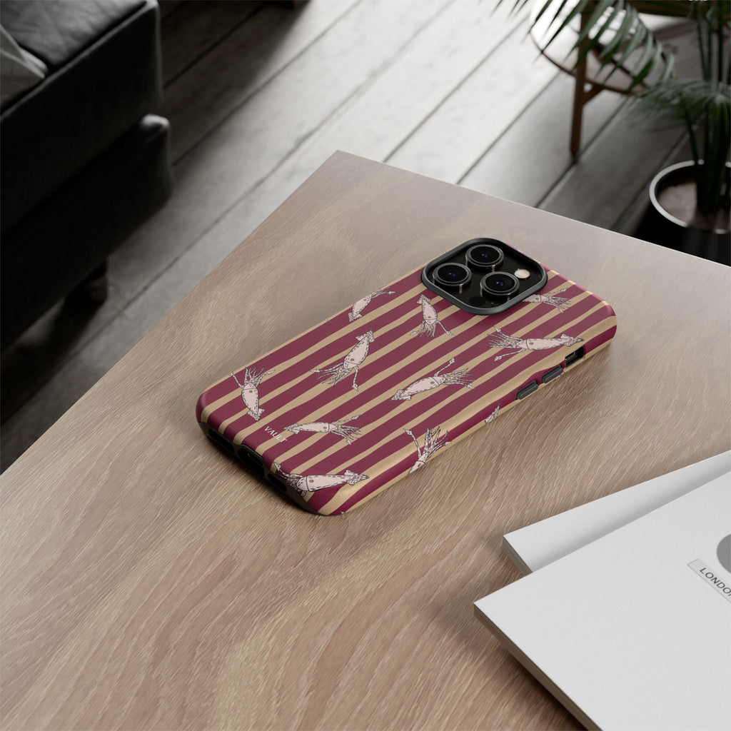 Phone Case - Vintage Shrimp Pattern on Burgundy Stripes