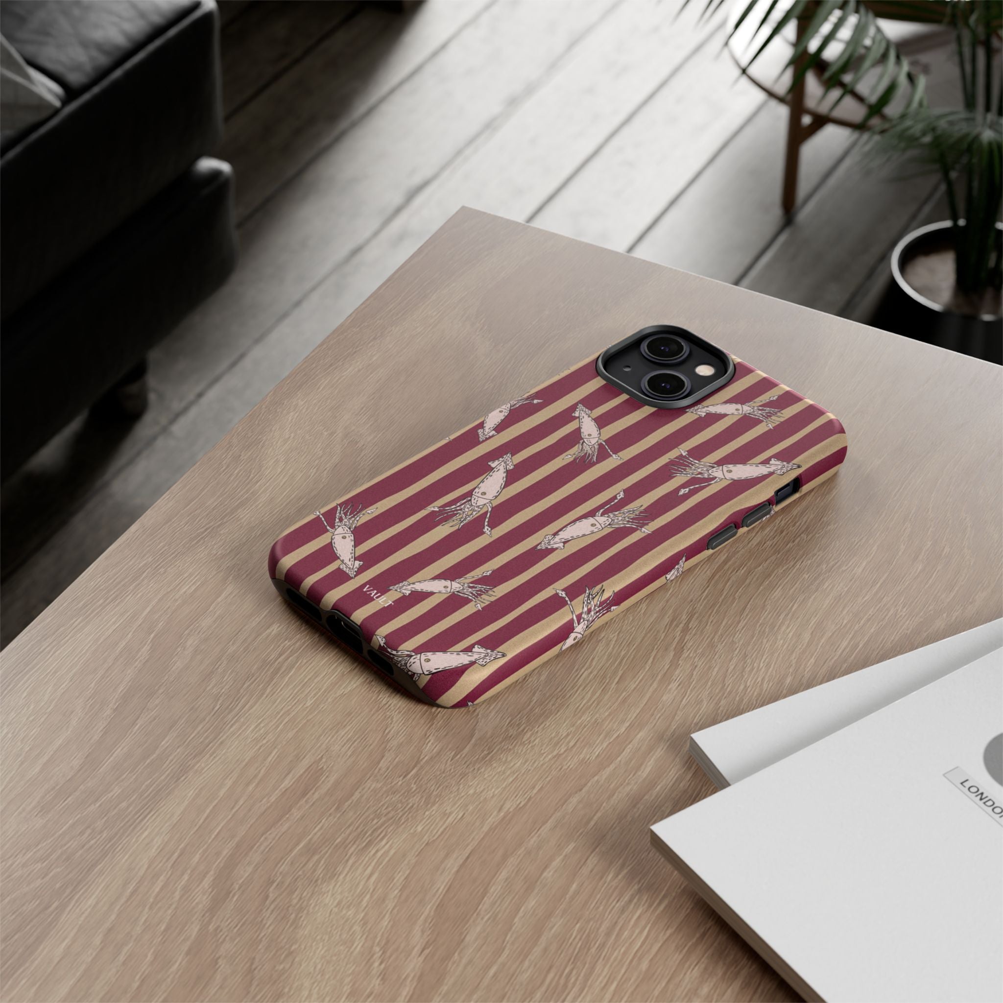 Phone Case - Vintage Shrimp Pattern on Burgundy Stripes