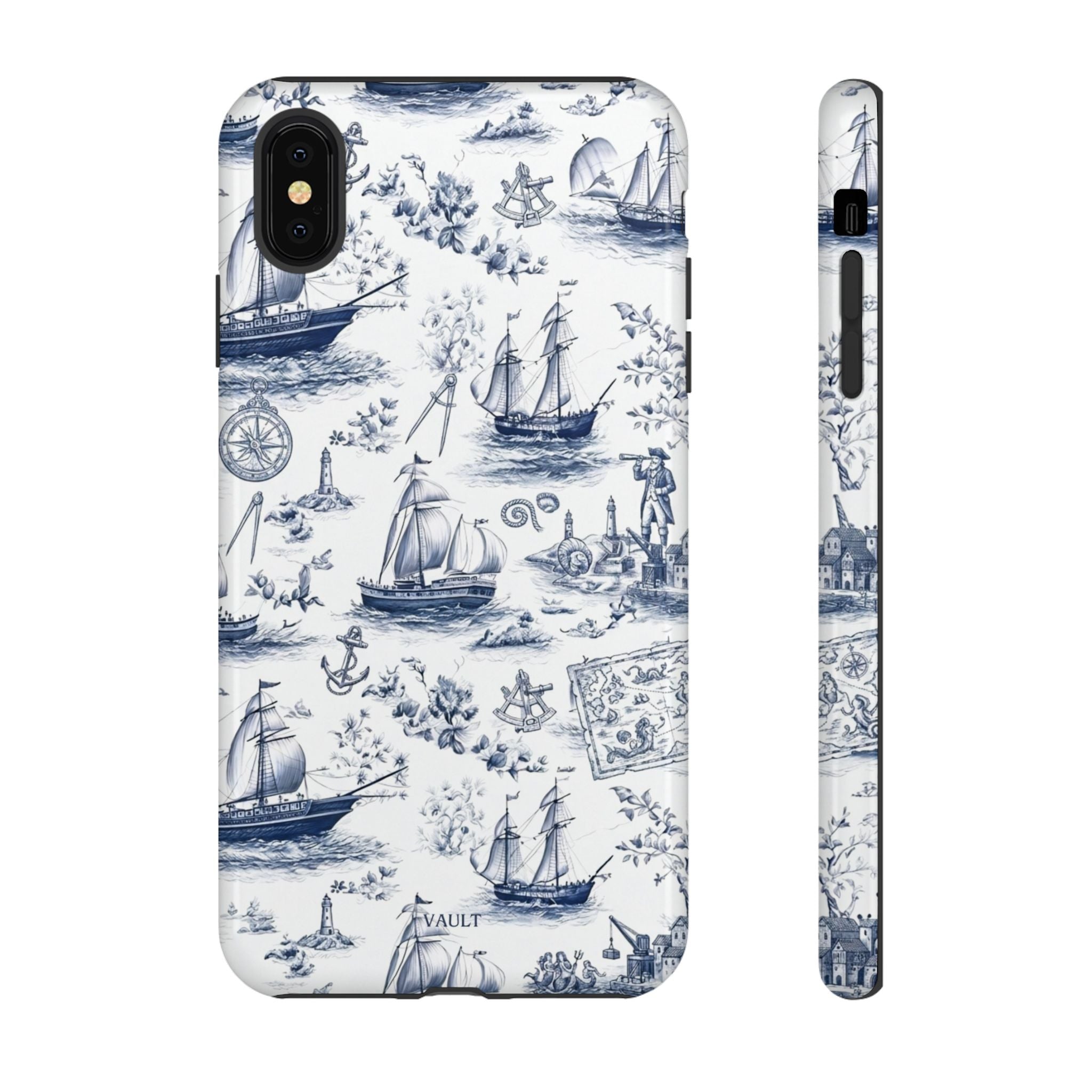 Nautical Vintage Ship Tough Phone Case — Blue Toile Sailboat Pattern