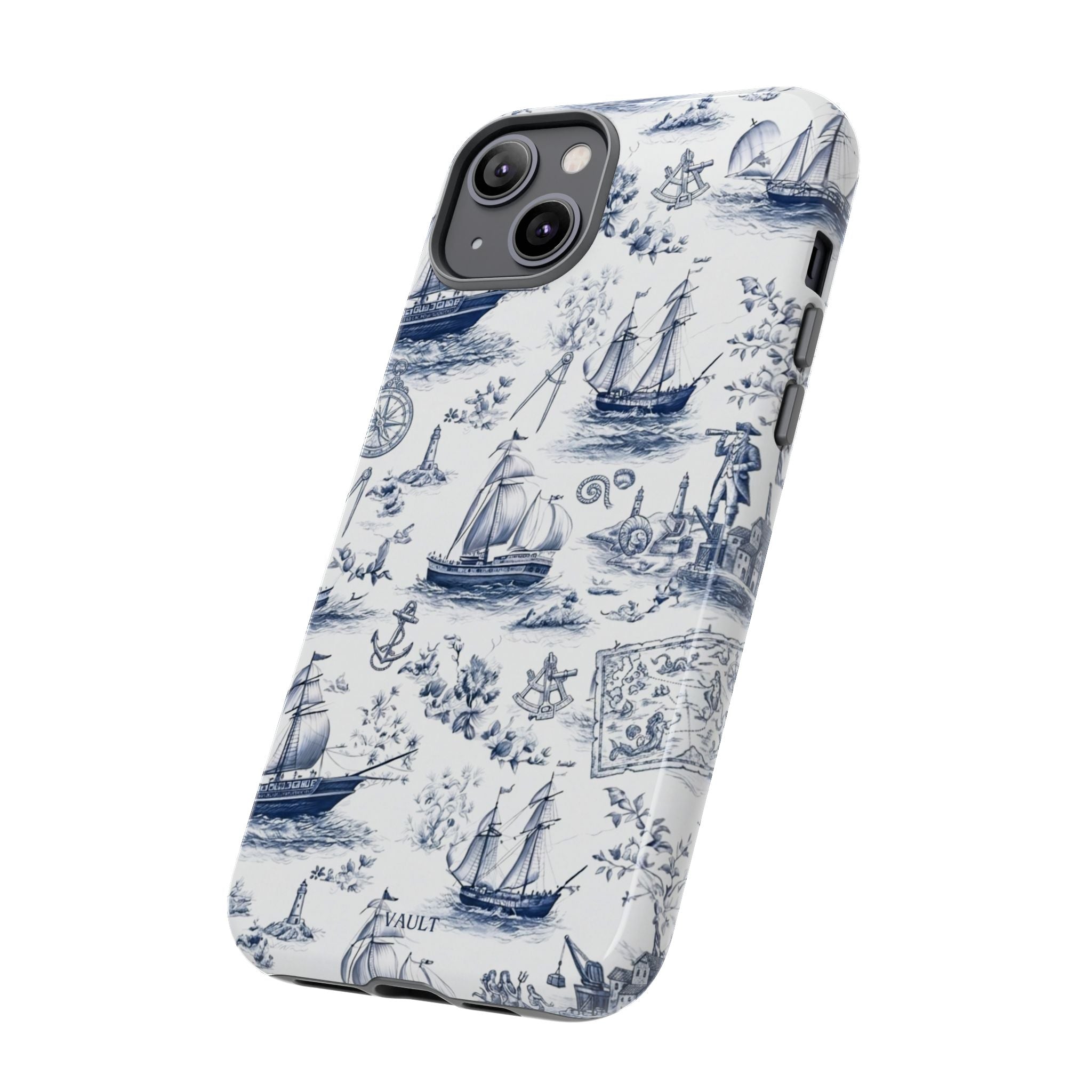 Nautical Vintage Ship Tough Phone Case — Blue Toile Sailboat Pattern