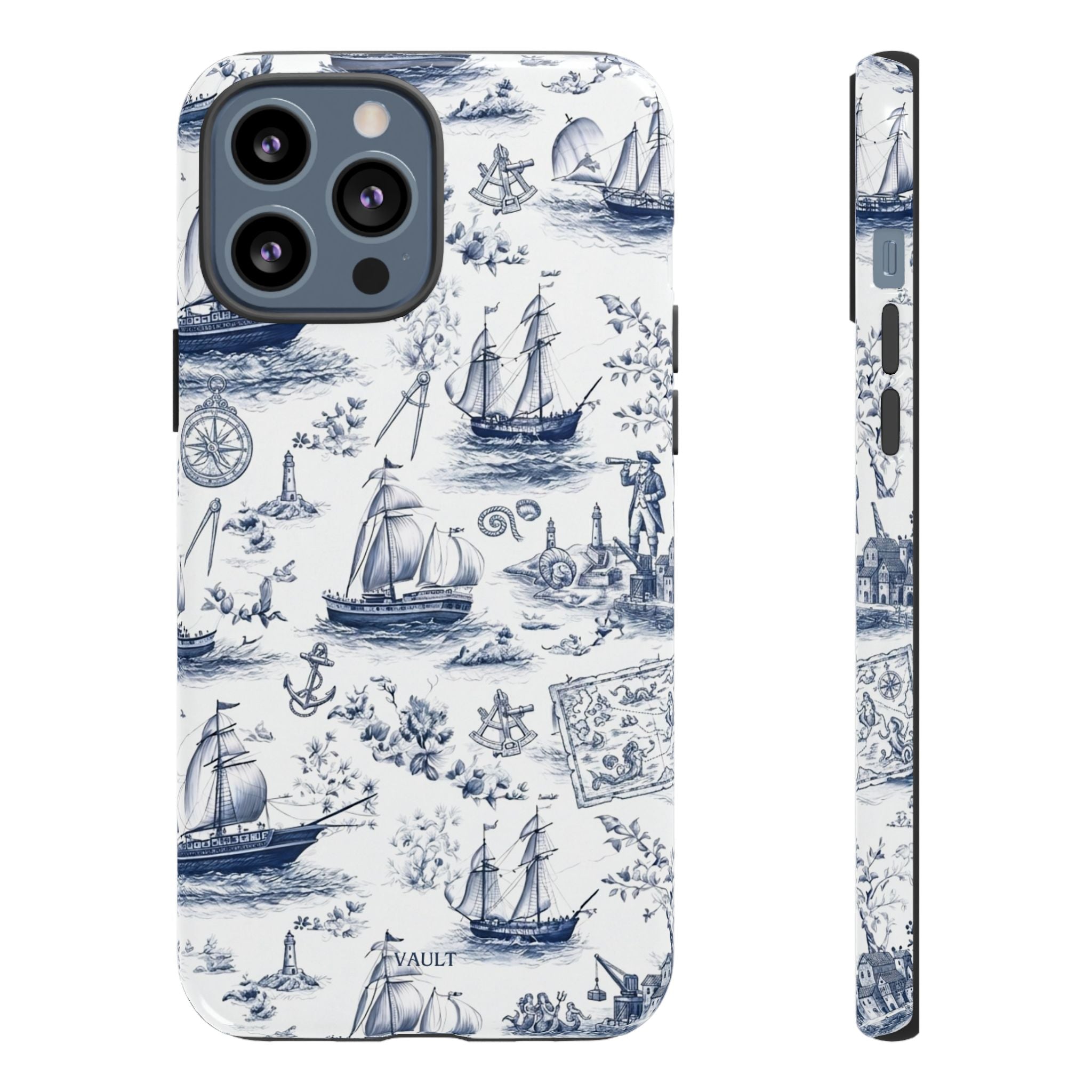 Nautical Vintage Ship Tough Phone Case — Blue Toile Sailboat Pattern