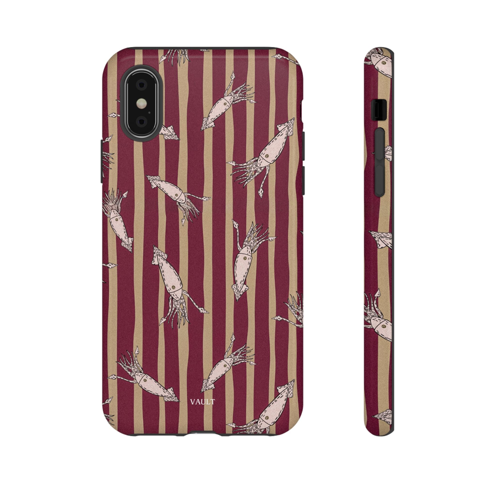 Phone Case - Vintage Shrimp Pattern on Burgundy Stripes