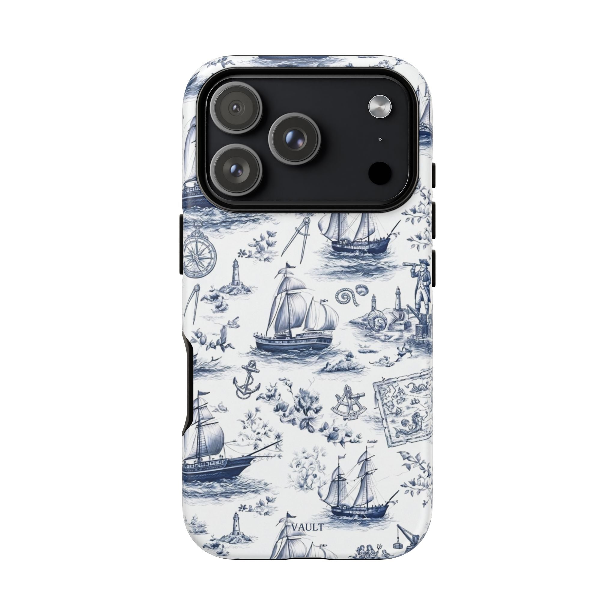 Nautical Vintage Ship Tough Phone Case — Blue Toile Sailboat Pattern