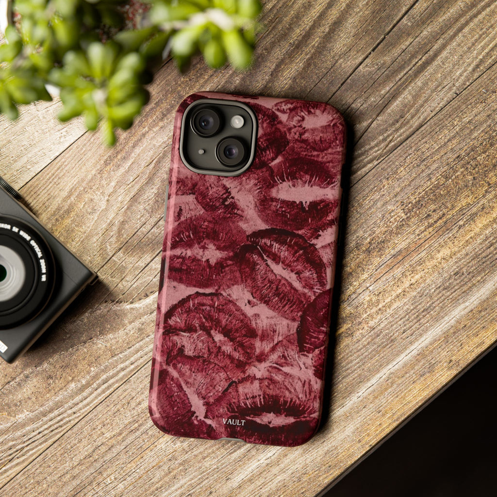 Kiss Print Phone Case – Burgundy Lip Pattern Protective Phone Cover