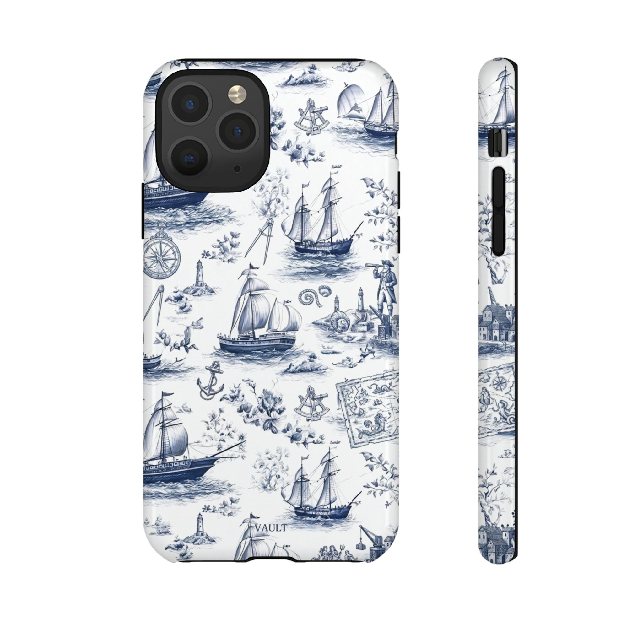 Nautical Vintage Ship Tough Phone Case — Blue Toile Sailboat Pattern