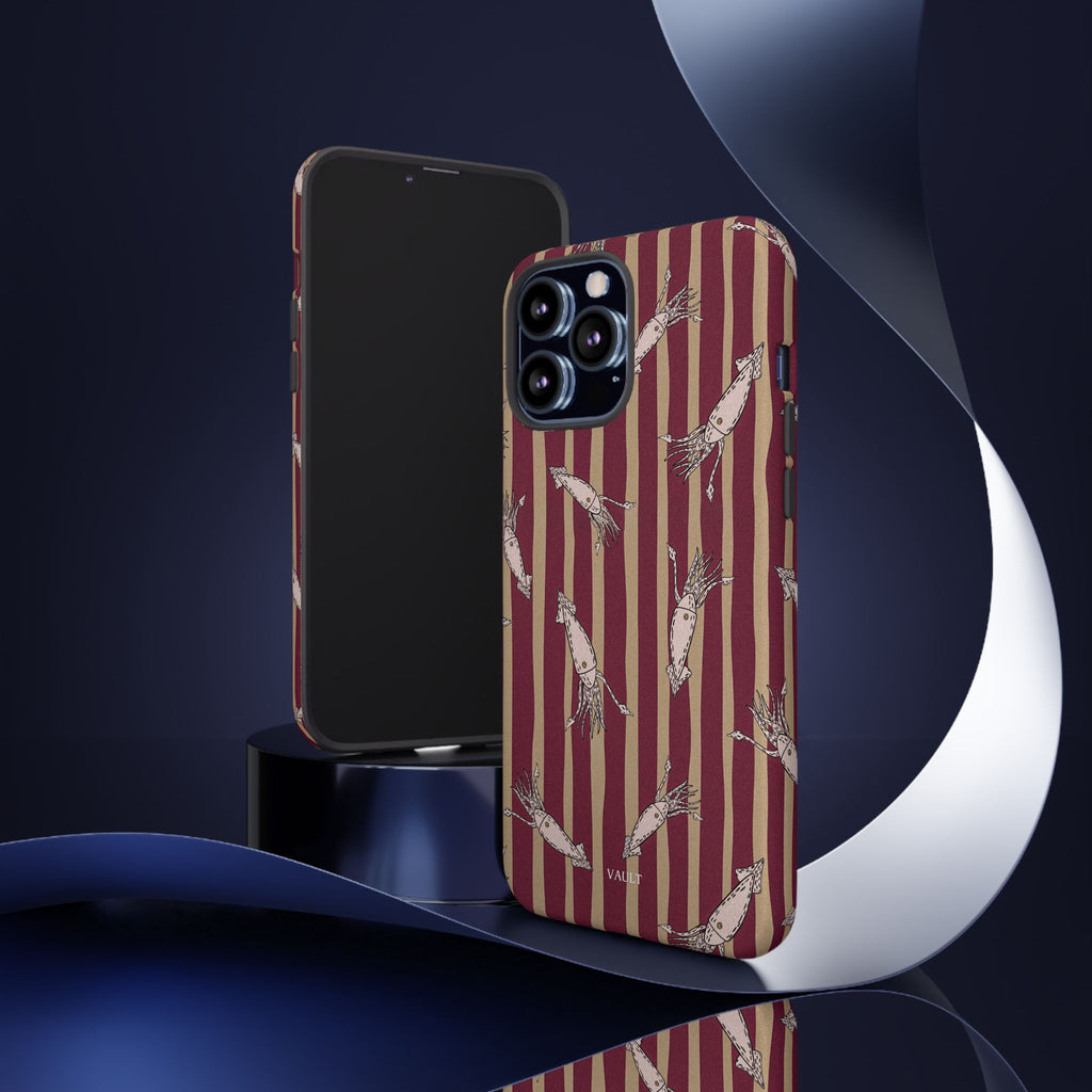 Phone Case - Vintage Shrimp Pattern on Burgundy Stripes