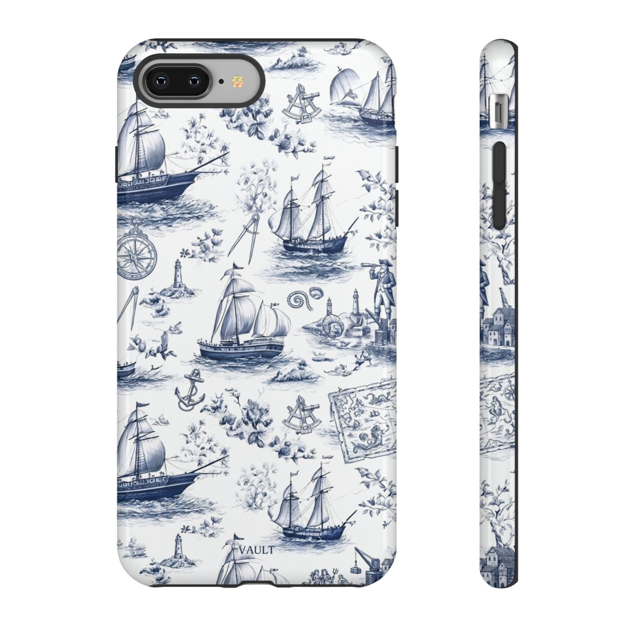 Nautical Vintage Ship Tough Phone Case — Blue Toile Sailboat Pattern