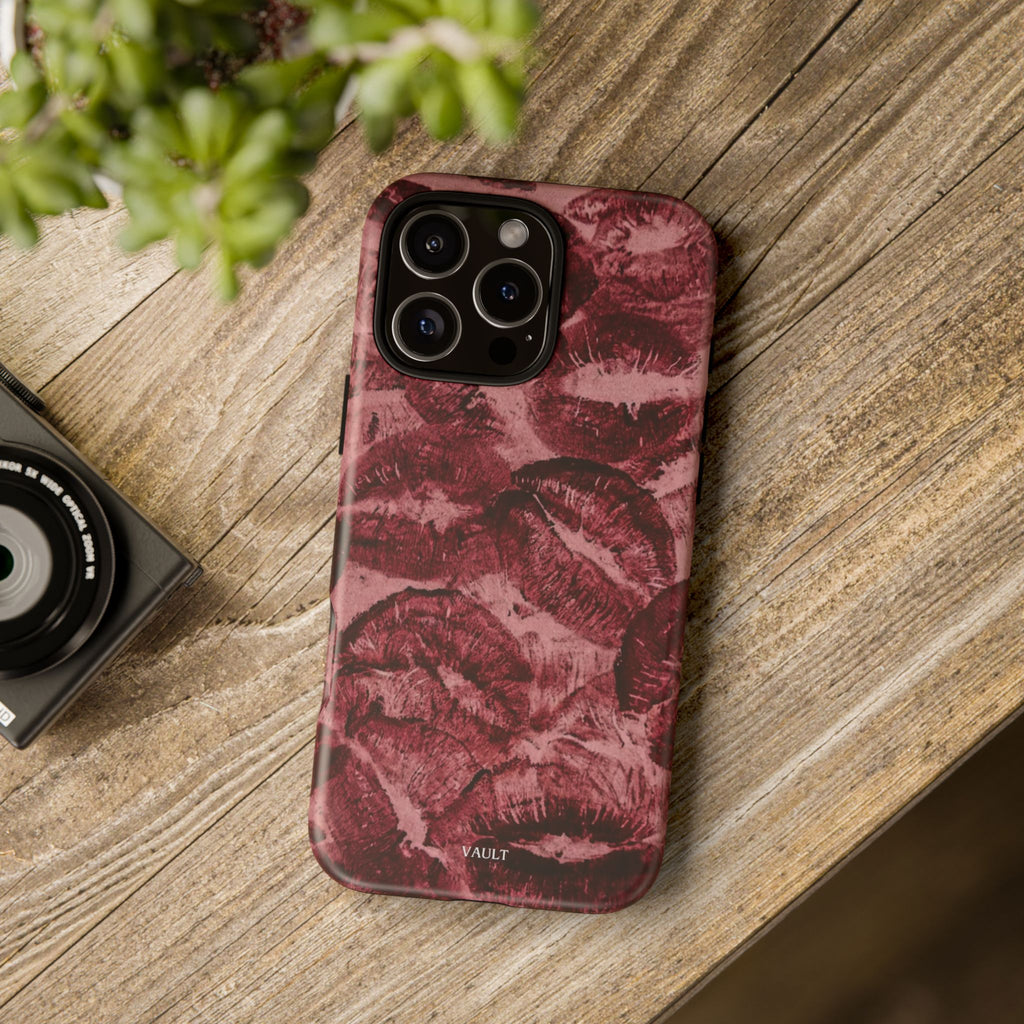 Kiss Print Phone Case – Burgundy Lip Pattern Protective Phone Cover