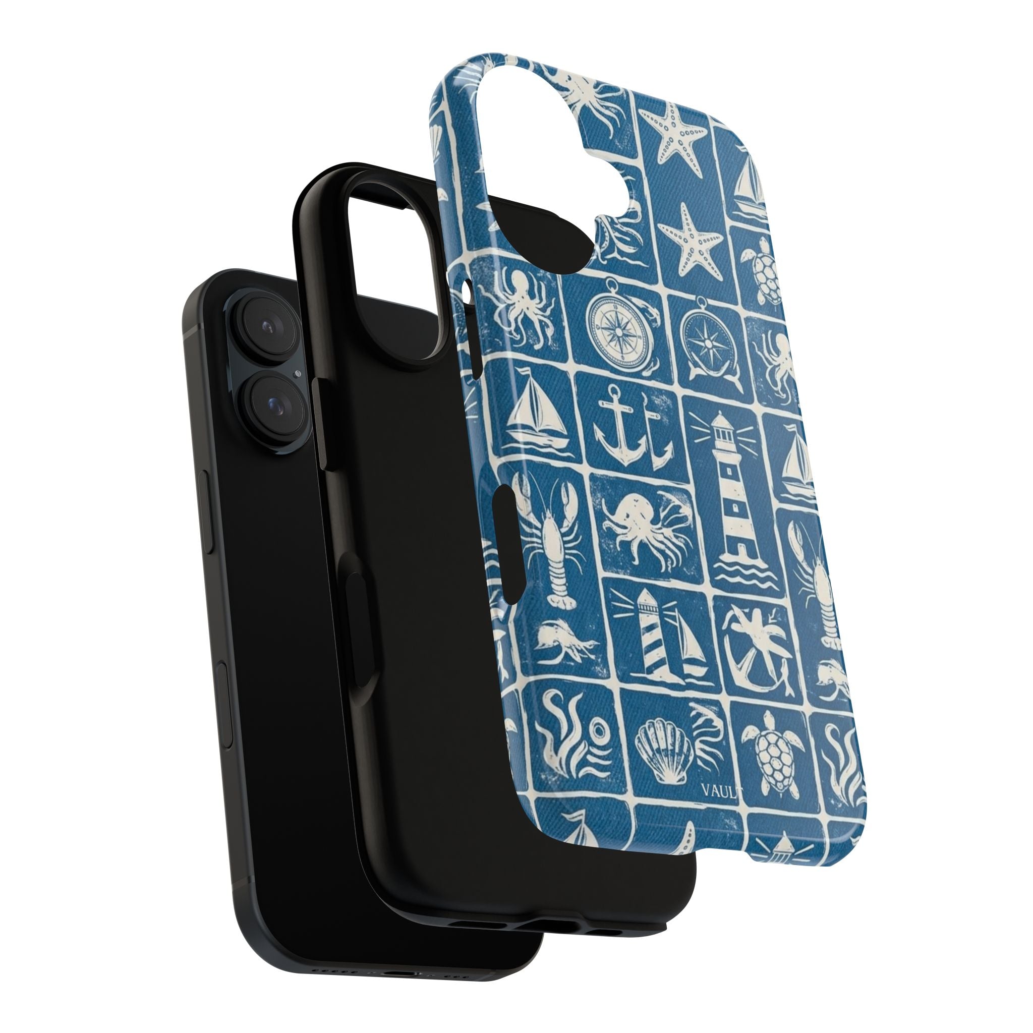 Nautical Tile Phone Case — Blue Coastal Icons (lighthouse, anchor, seashells)