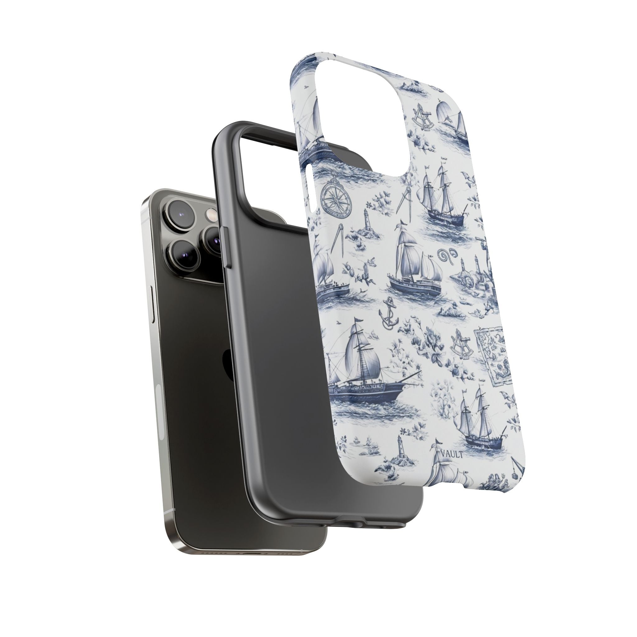 Nautical Vintage Ship Tough Phone Case — Blue Toile Sailboat Pattern