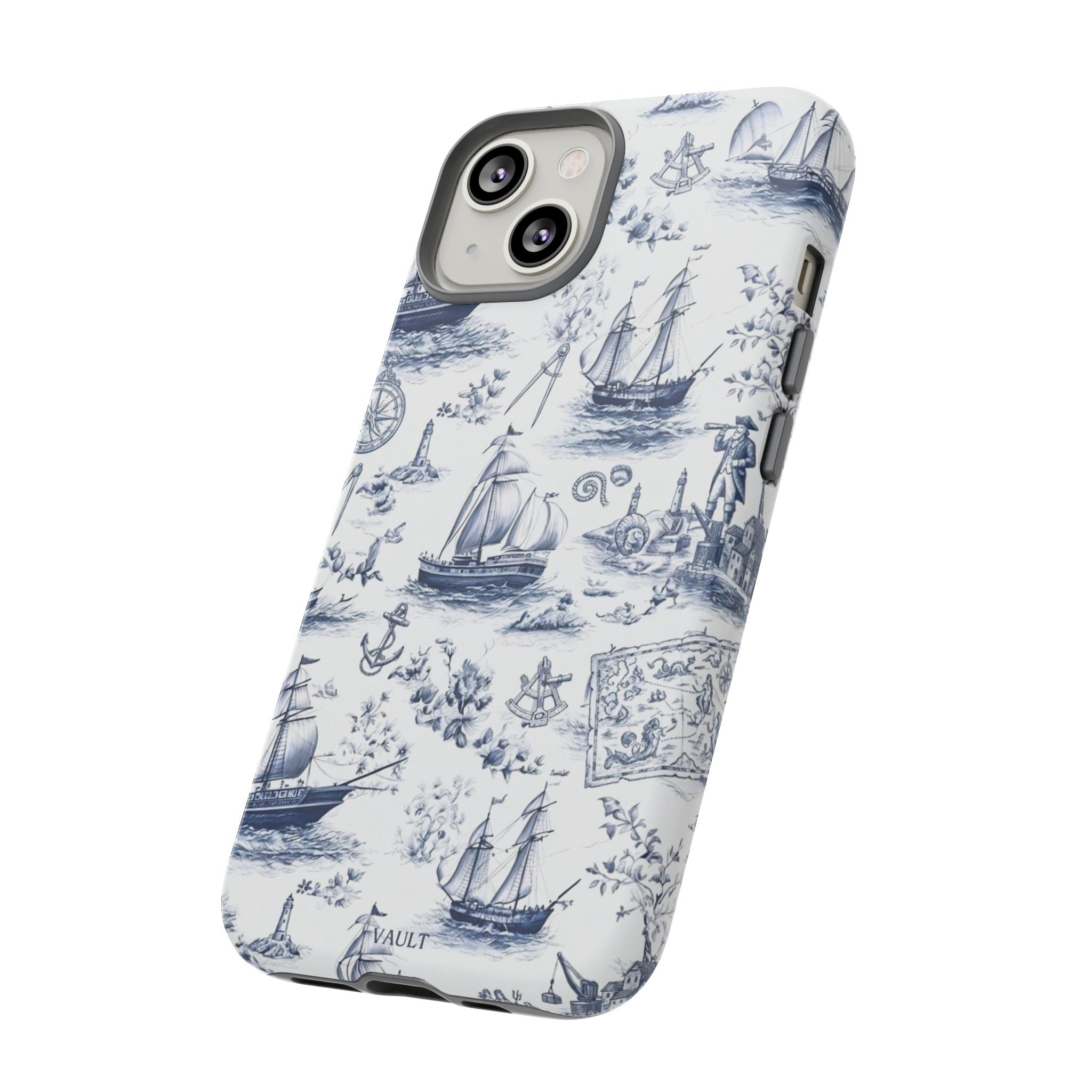 Nautical Vintage Ship Tough Phone Case — Blue Toile Sailboat Pattern