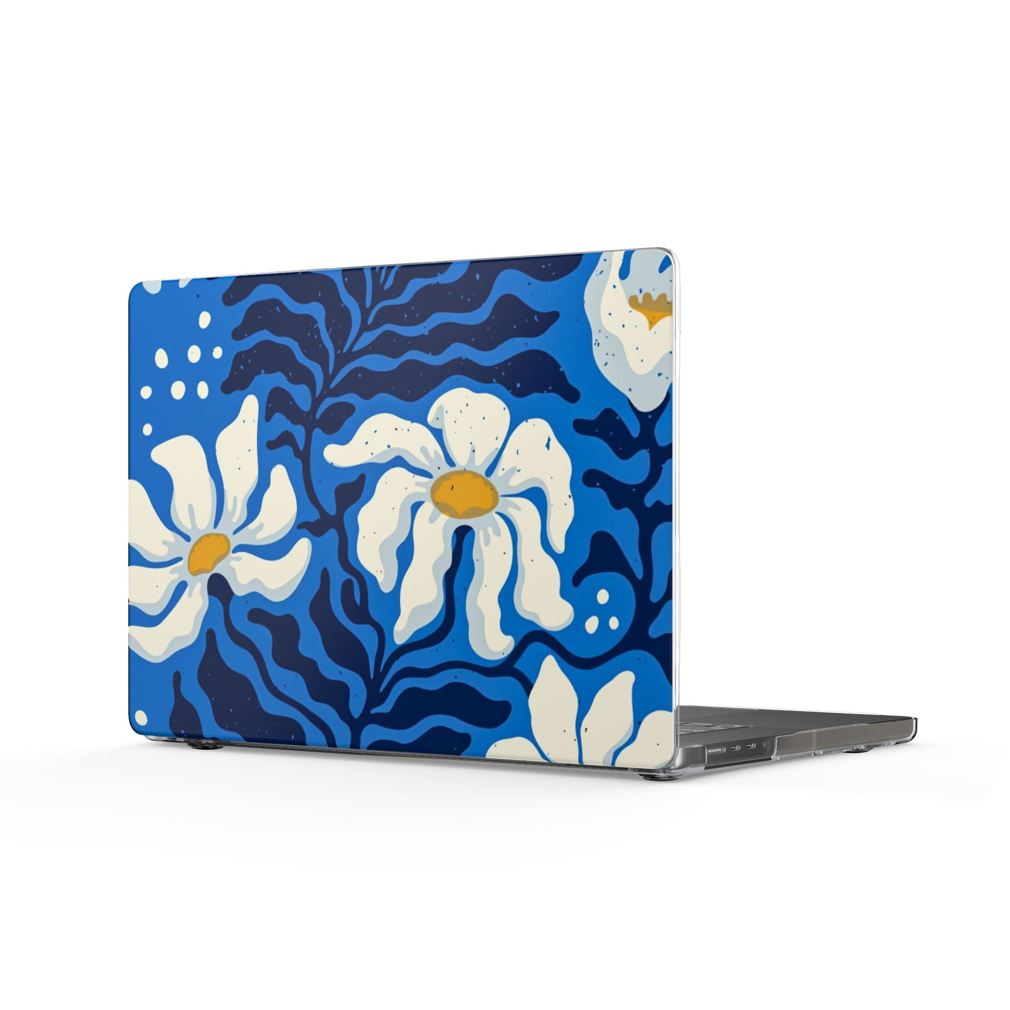 Blue Floral MacBook Case — Bold White Daisies Laptop Cover