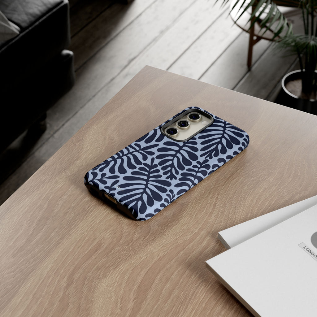 Floral Fern Tough Phone Case – Navy Blue on Light Blue, Protective Slim Cover