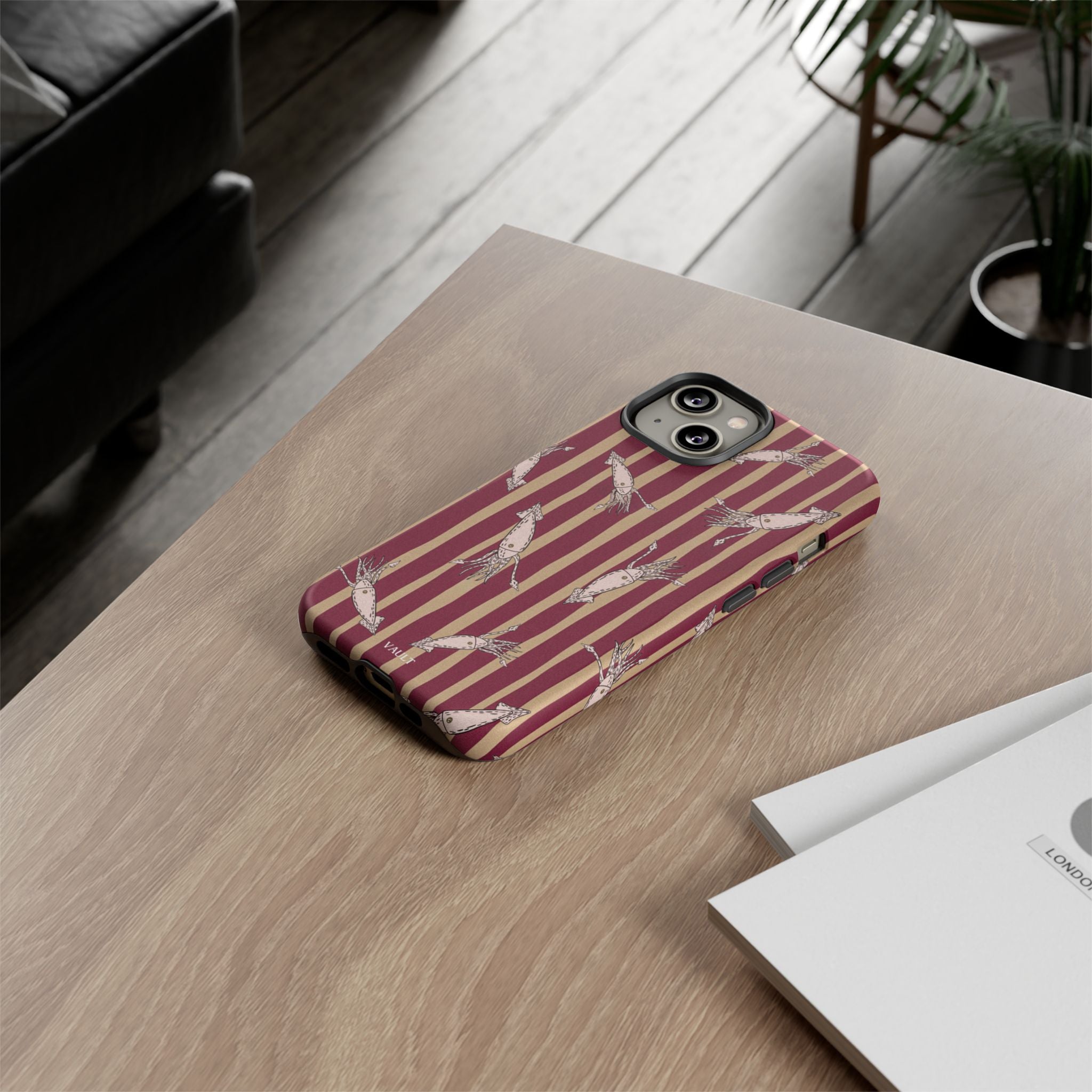 Phone Case - Vintage Shrimp Pattern on Burgundy Stripes