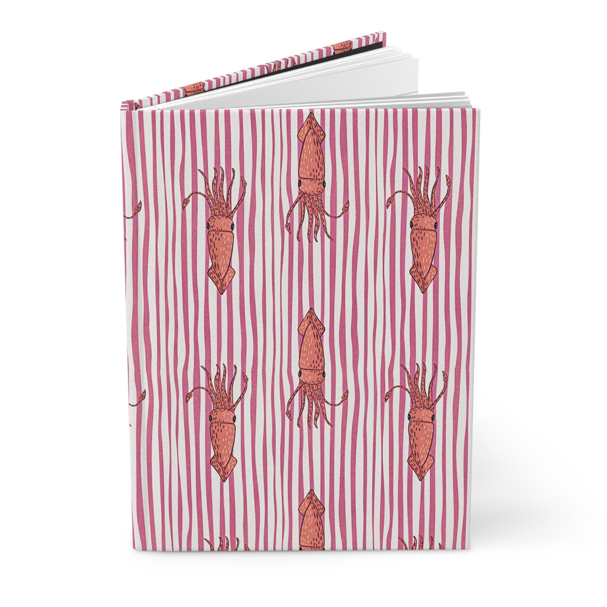 Squid Pattern Hardcover Journal — Pink Striped Nautical Notebook