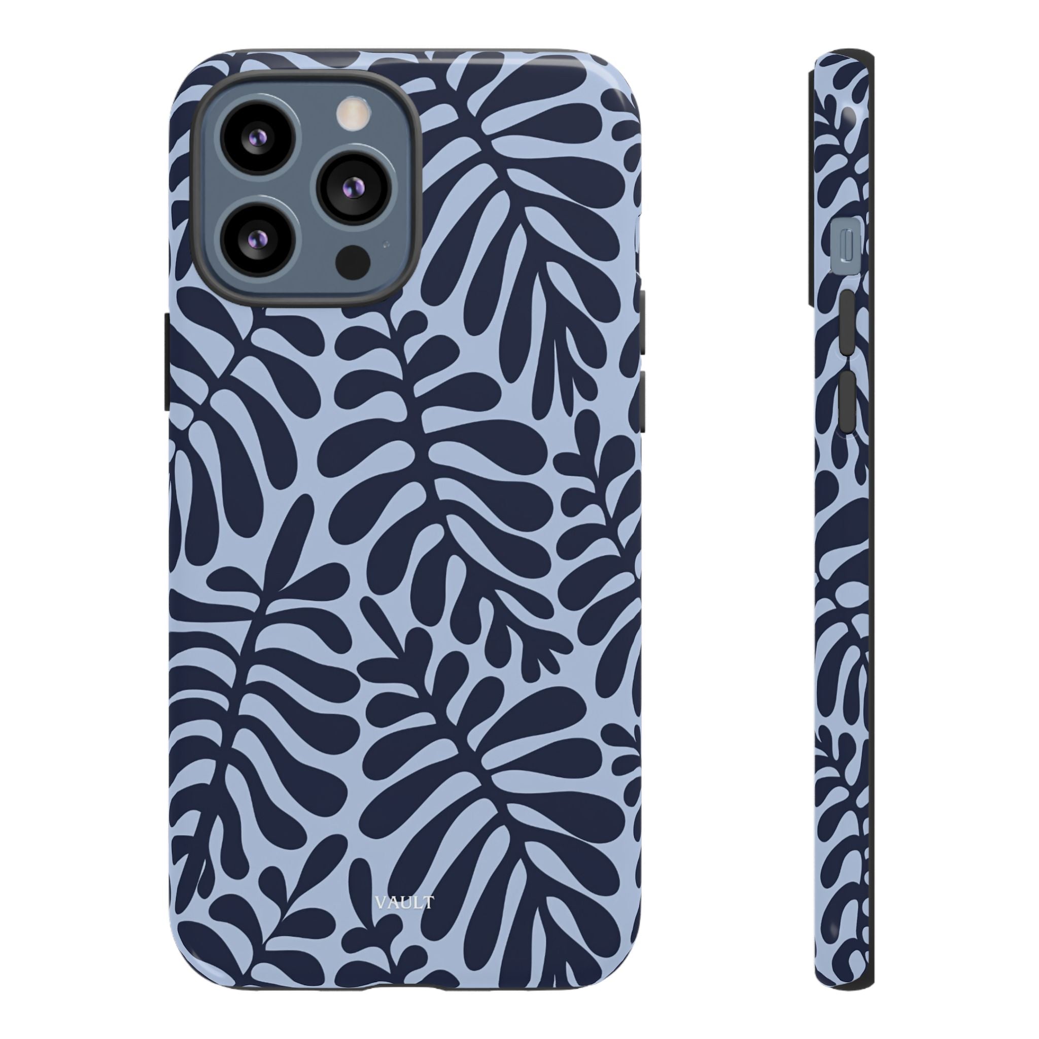 Floral Fern Tough Phone Case – Navy Blue on Light Blue, Protective Slim Cover