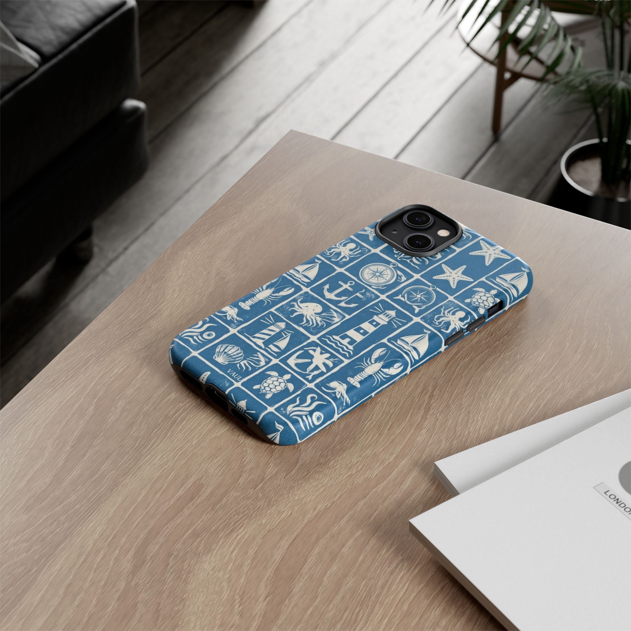 Nautical Tile Phone Case — Blue Coastal Icons (lighthouse, anchor, seashells)