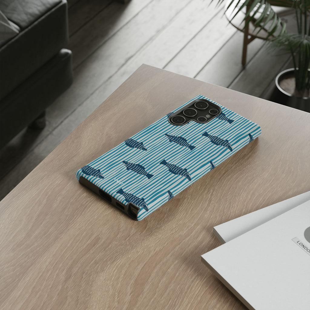 Fish Pattern Tough Phone Case — Blue Striped Ocean Design