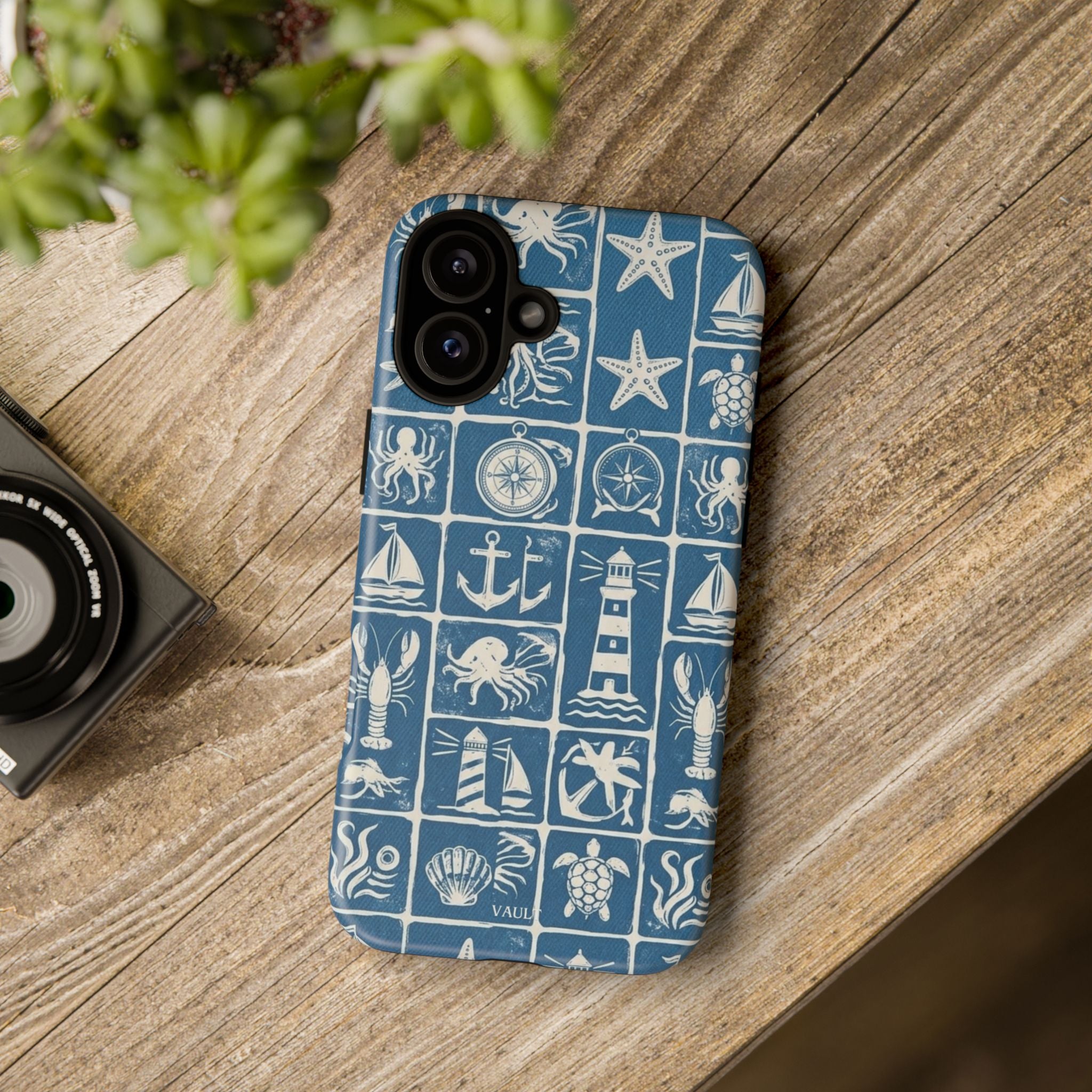 Nautical Tile Phone Case — Blue Coastal Icons (lighthouse, anchor, seashells)