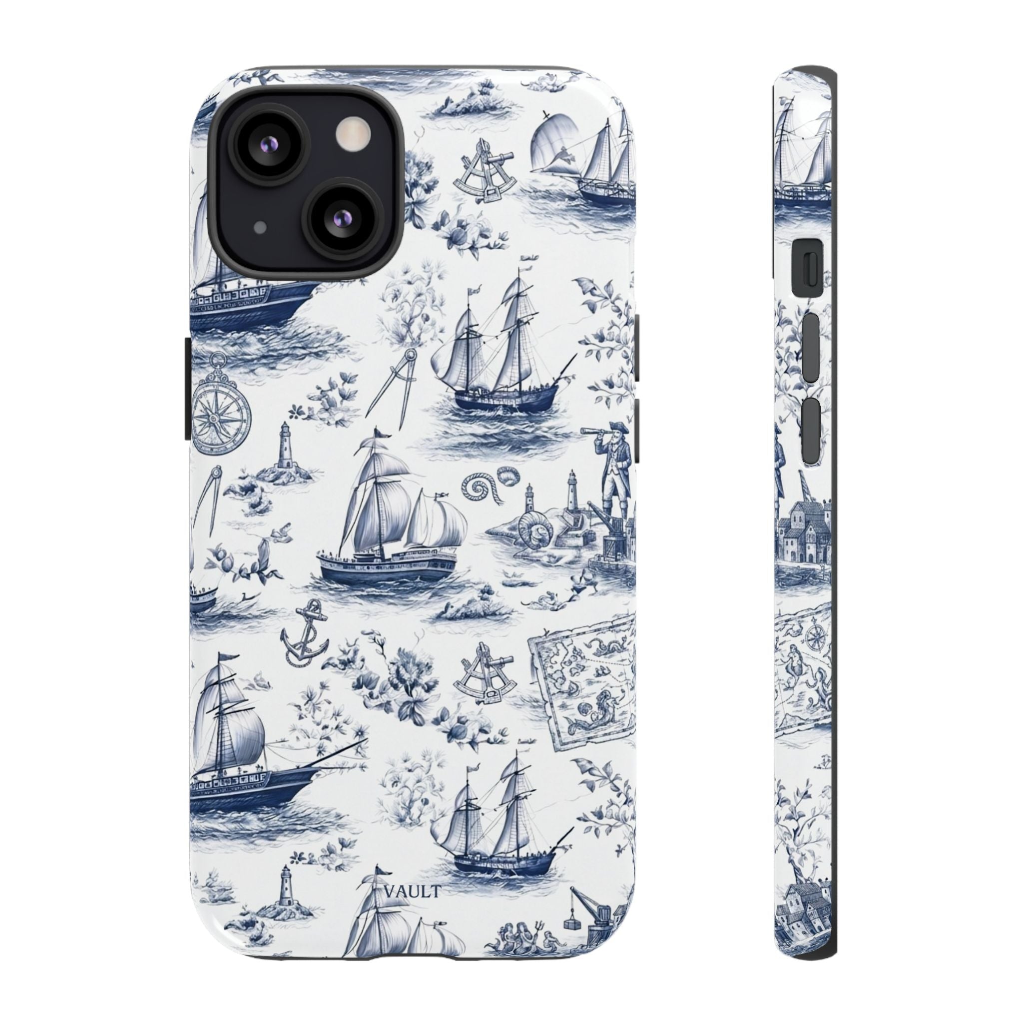 Nautical Vintage Ship Tough Phone Case — Blue Toile Sailboat Pattern