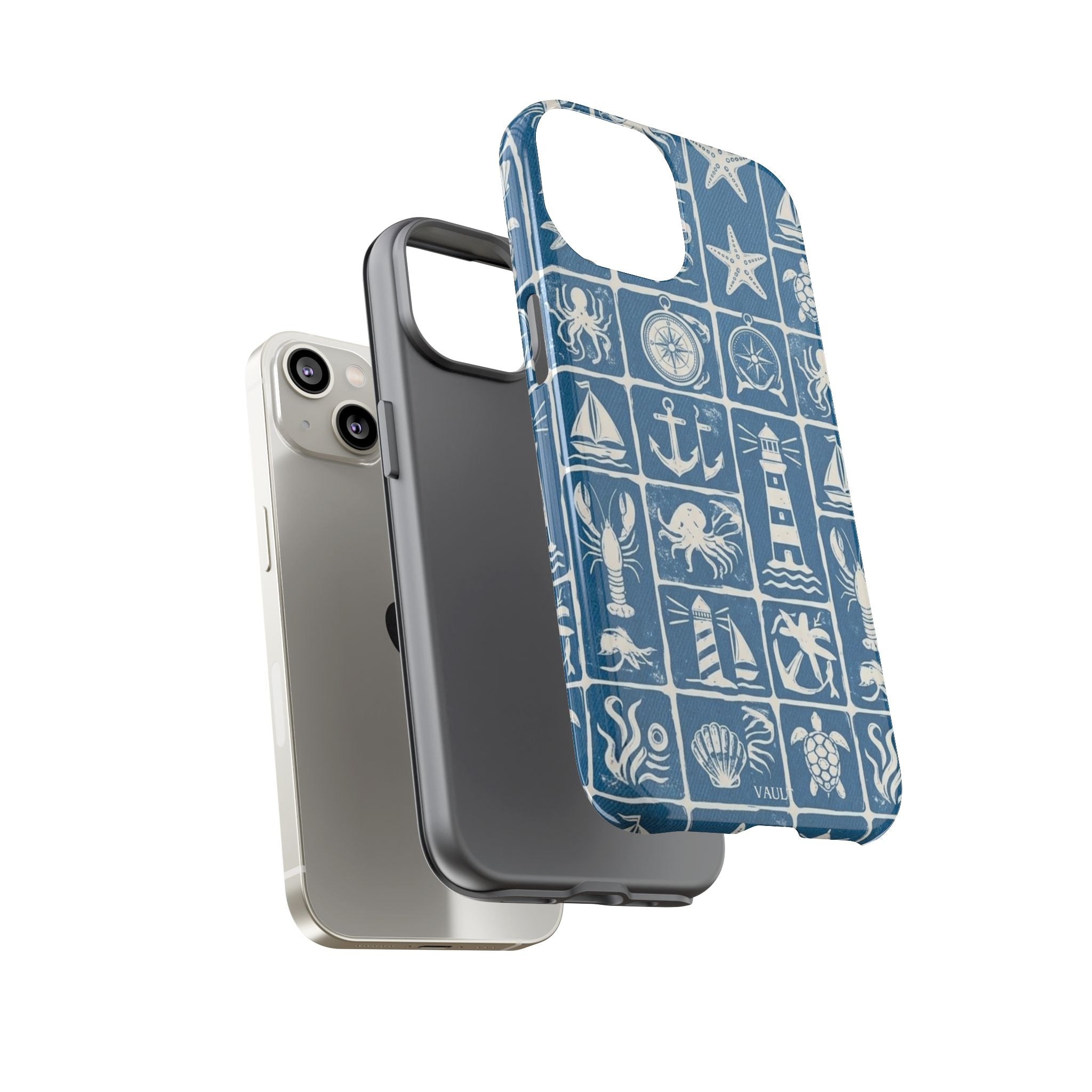 Nautical Tile Phone Case — Blue Coastal Icons (lighthouse, anchor, seashells)