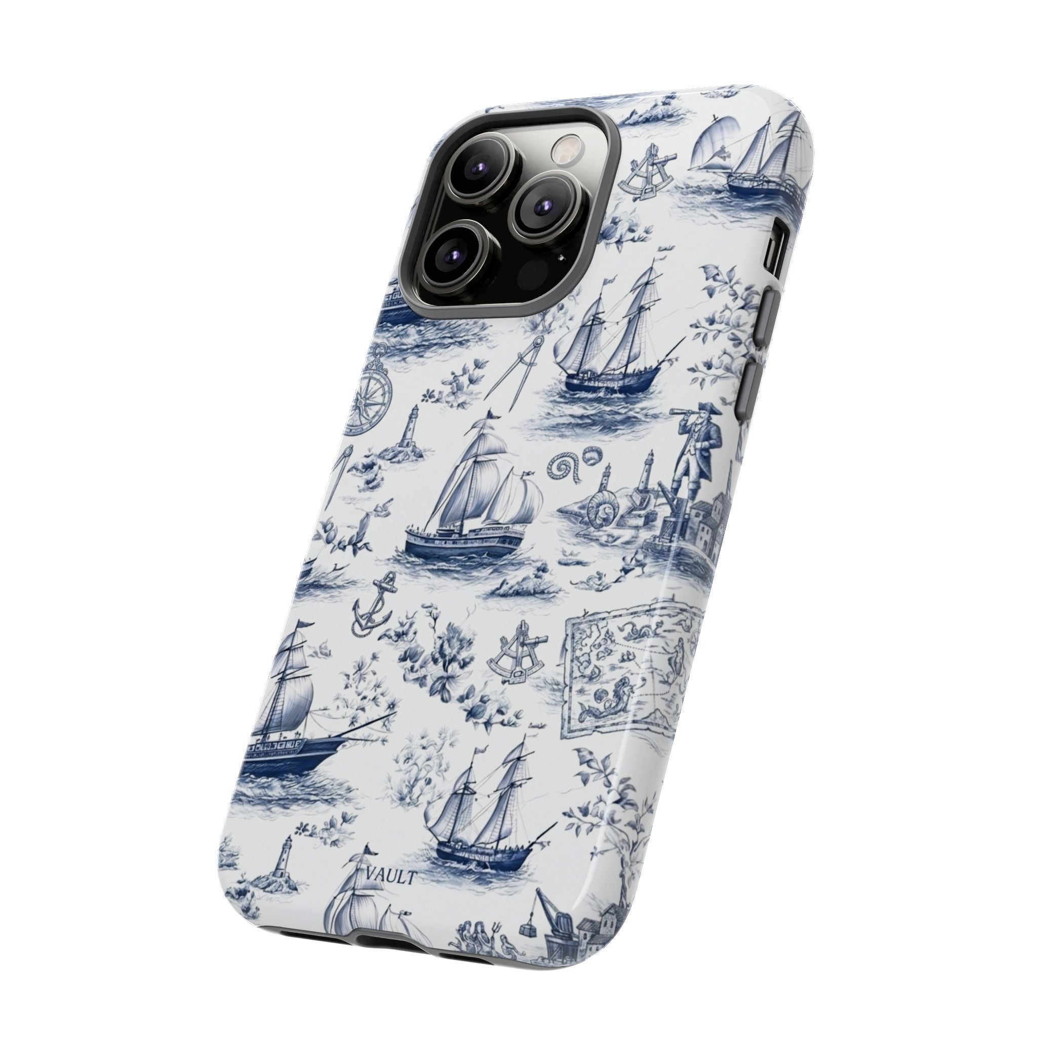 Nautical Vintage Ship Tough Phone Case — Blue Toile Sailboat Pattern