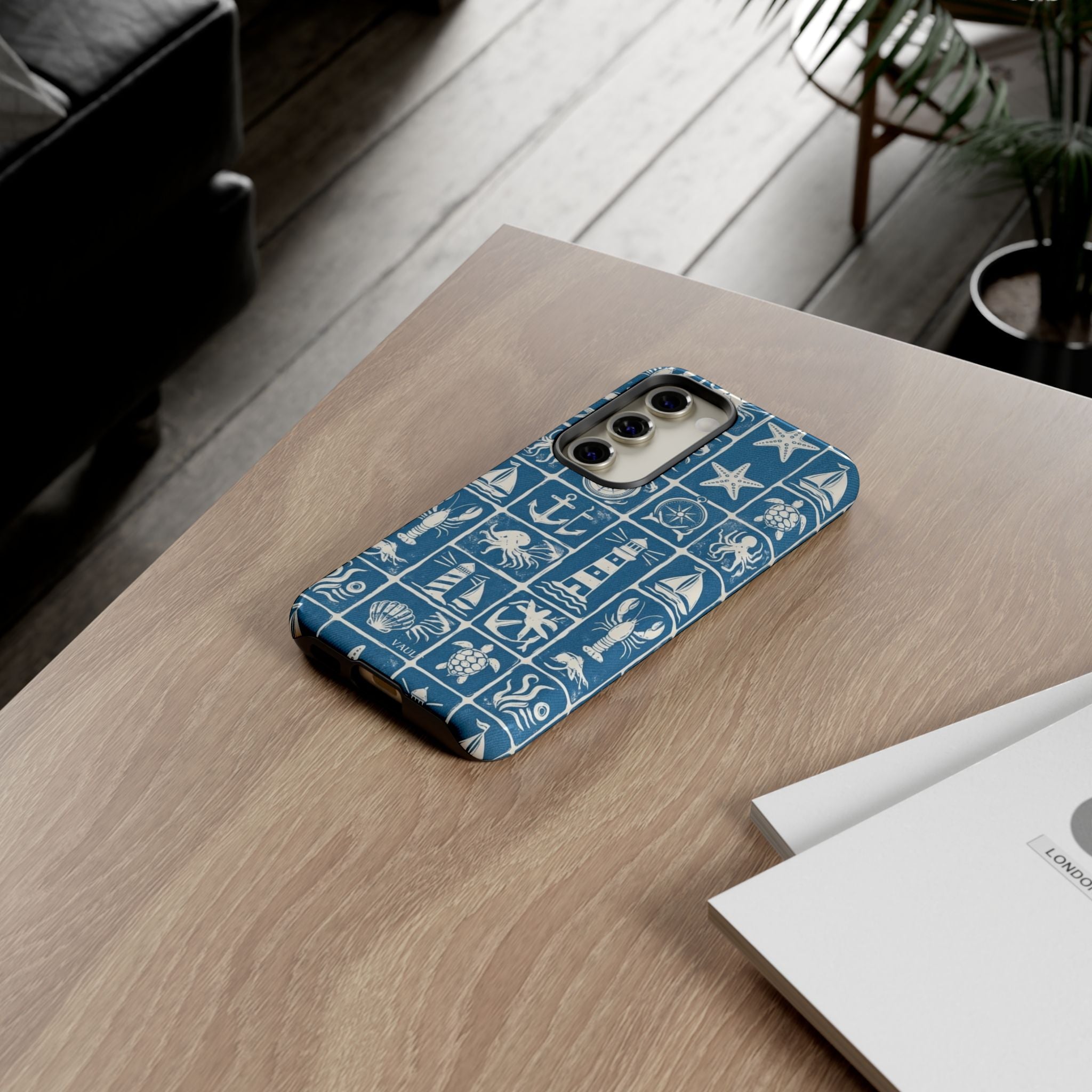 Nautical Tile Phone Case — Blue Coastal Icons (lighthouse, anchor, seashells)