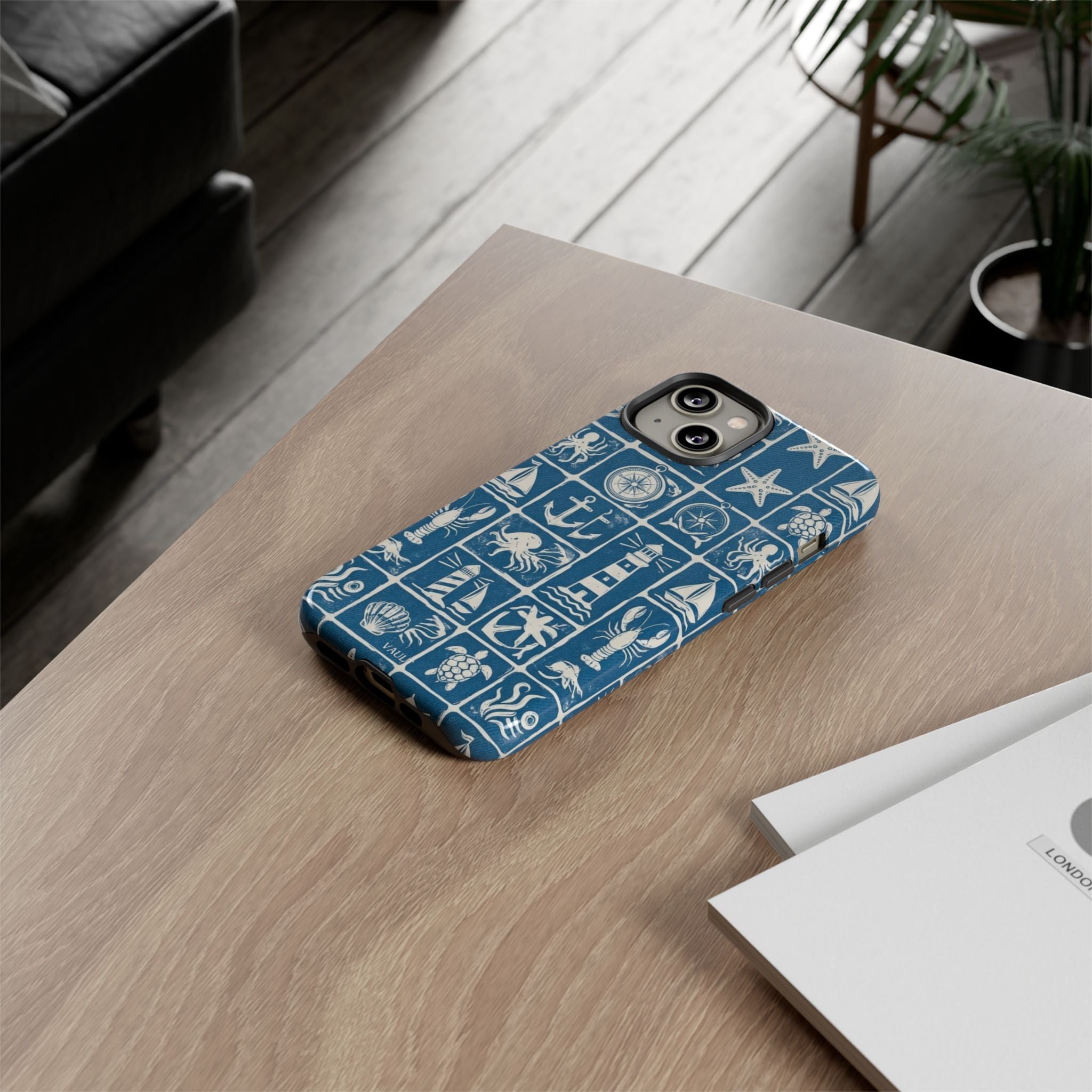 Nautical Tile Phone Case — Blue Coastal Icons (lighthouse, anchor, seashells)