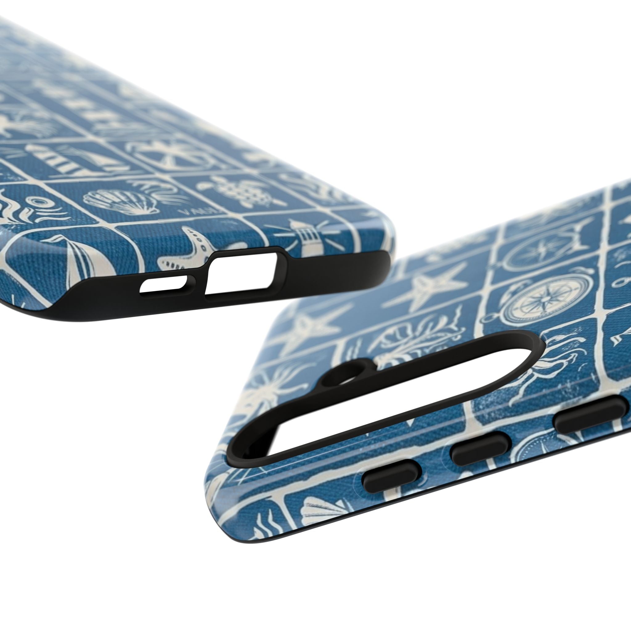 Nautical Tile Phone Case — Blue Coastal Icons (lighthouse, anchor, seashells)