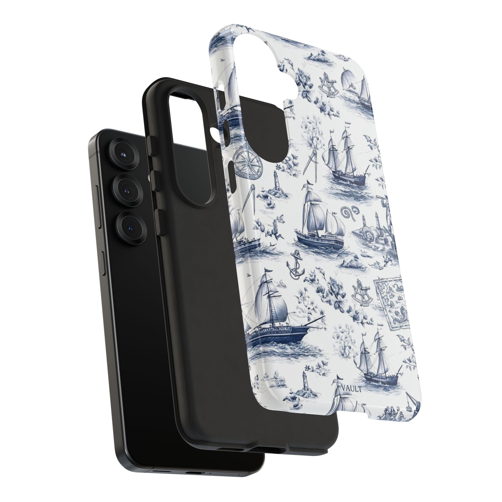 Nautical Vintage Ship Tough Phone Case — Blue Toile Sailboat Pattern