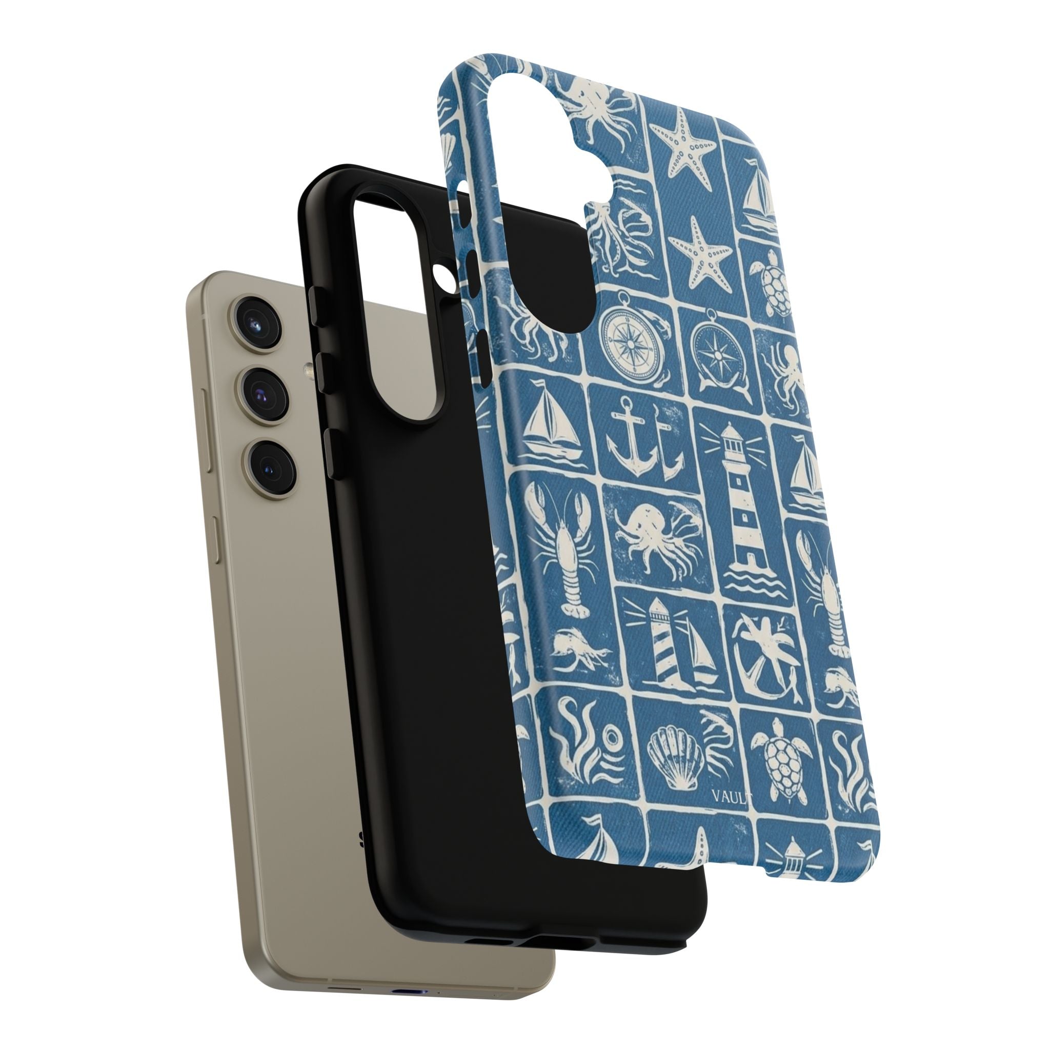 Nautical Tile Phone Case — Blue Coastal Icons (lighthouse, anchor, seashells)