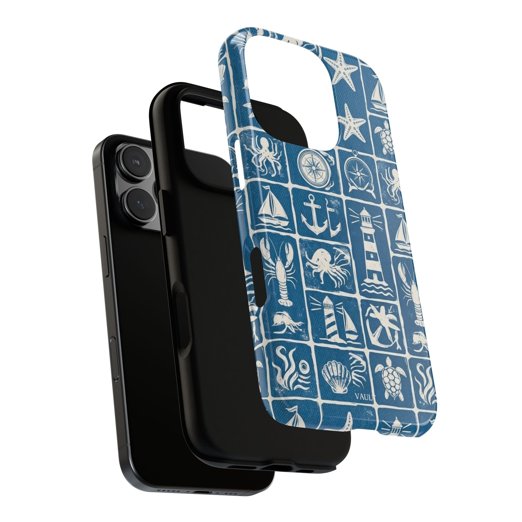 Nautical Tile Phone Case — Blue Coastal Icons (lighthouse, anchor, seashells)