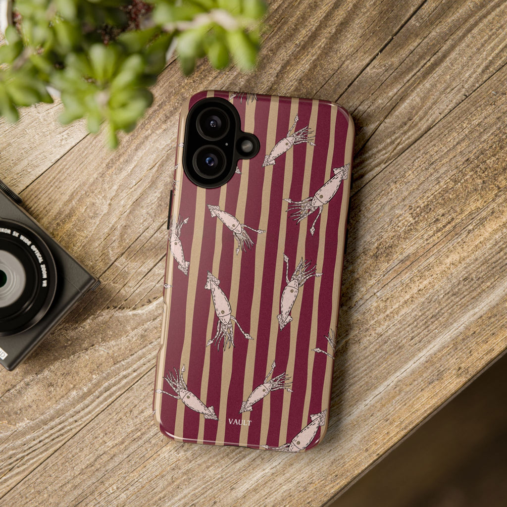 Phone Case - Vintage Shrimp Pattern on Burgundy Stripes