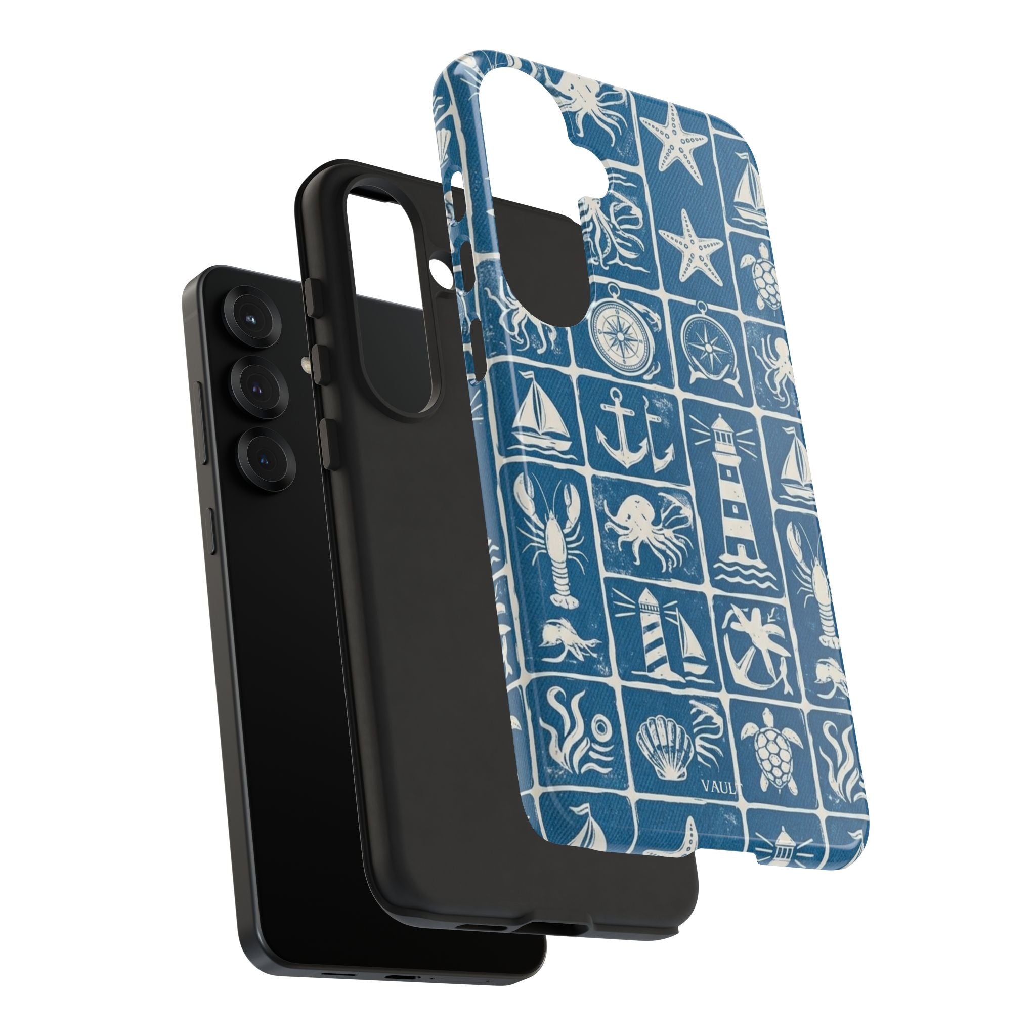 Nautical Tile Phone Case — Blue Coastal Icons (lighthouse, anchor, seashells)