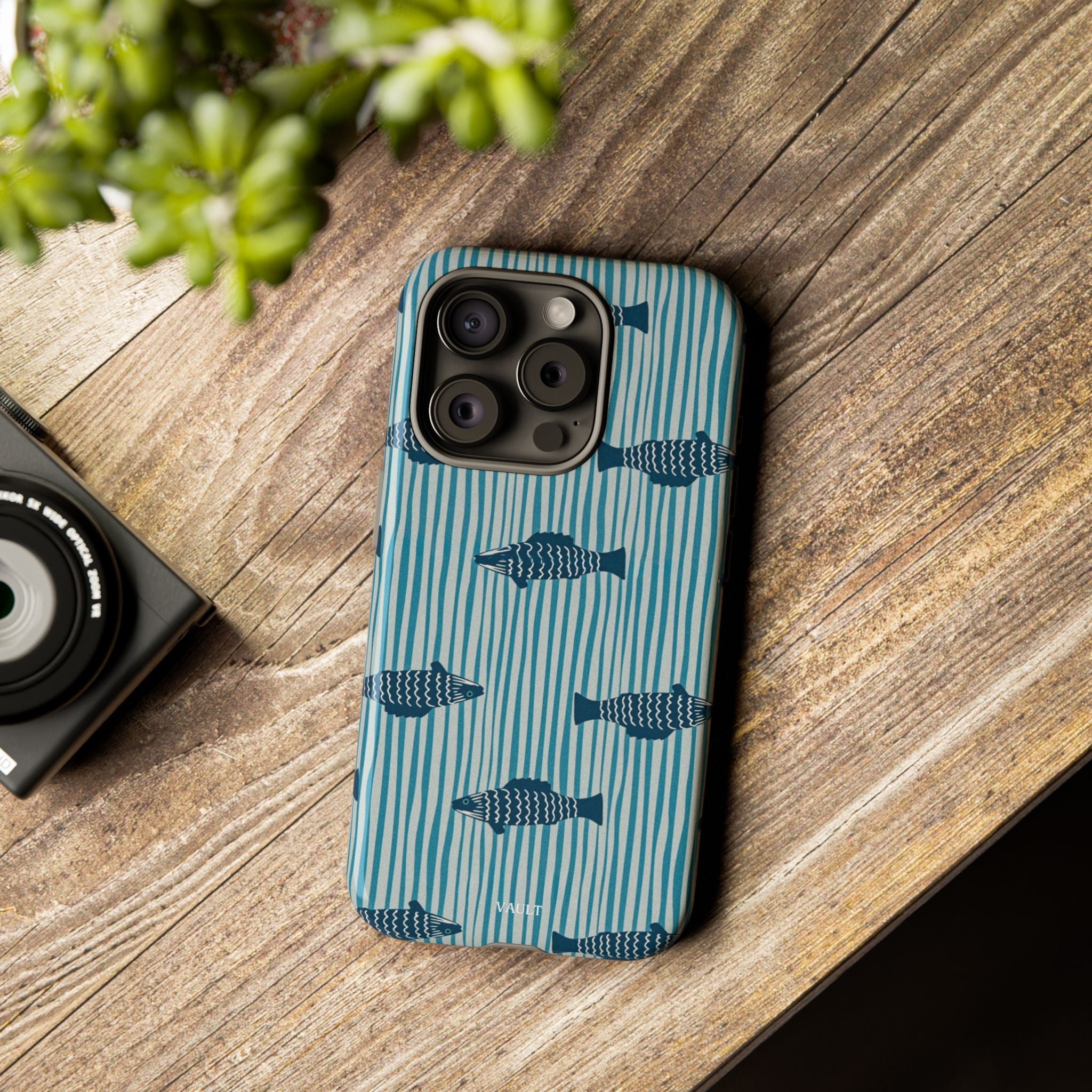 Fish Pattern Tough Phone Case — Blue Striped Ocean Design