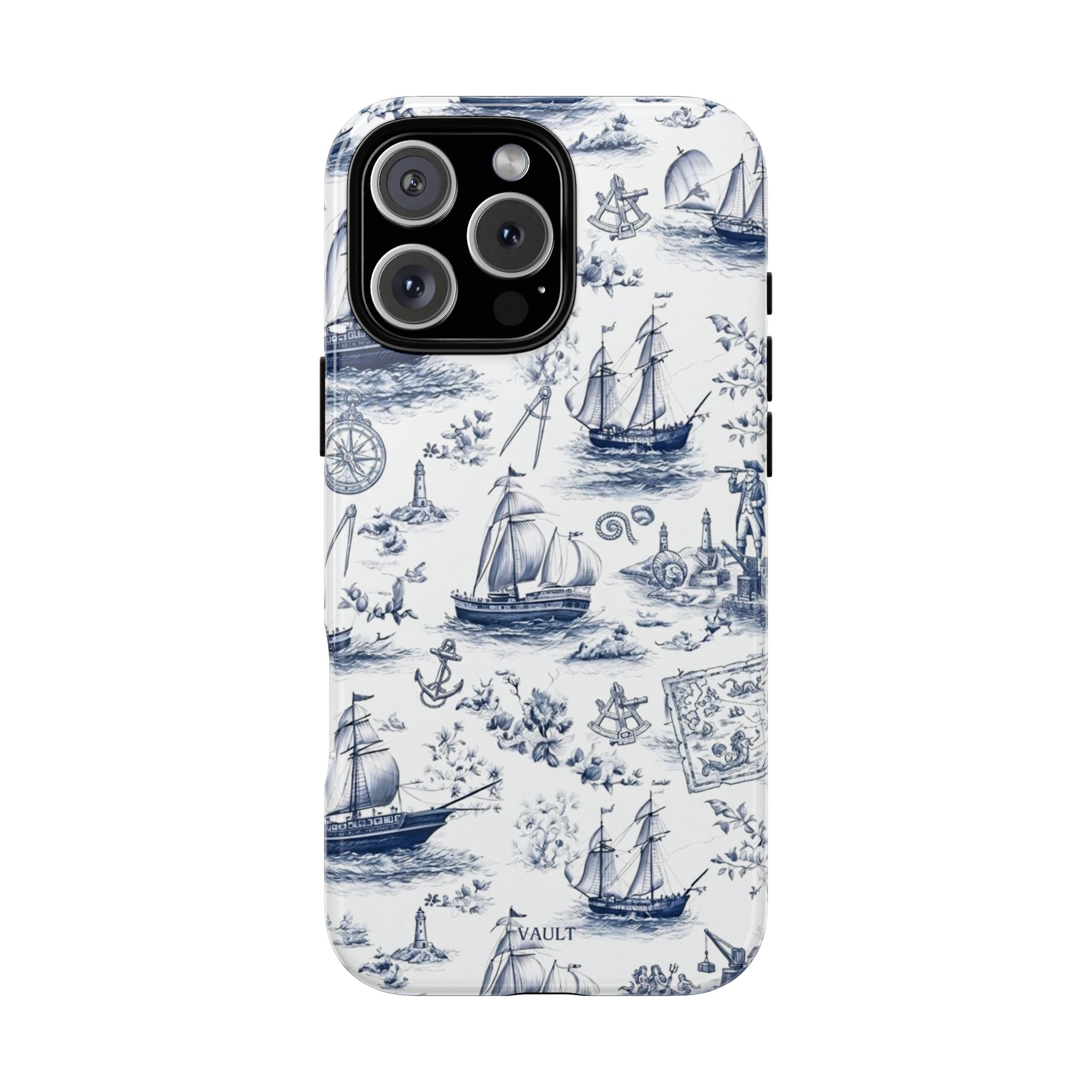Nautical Vintage Ship Tough Phone Case — Blue Toile Sailboat Pattern