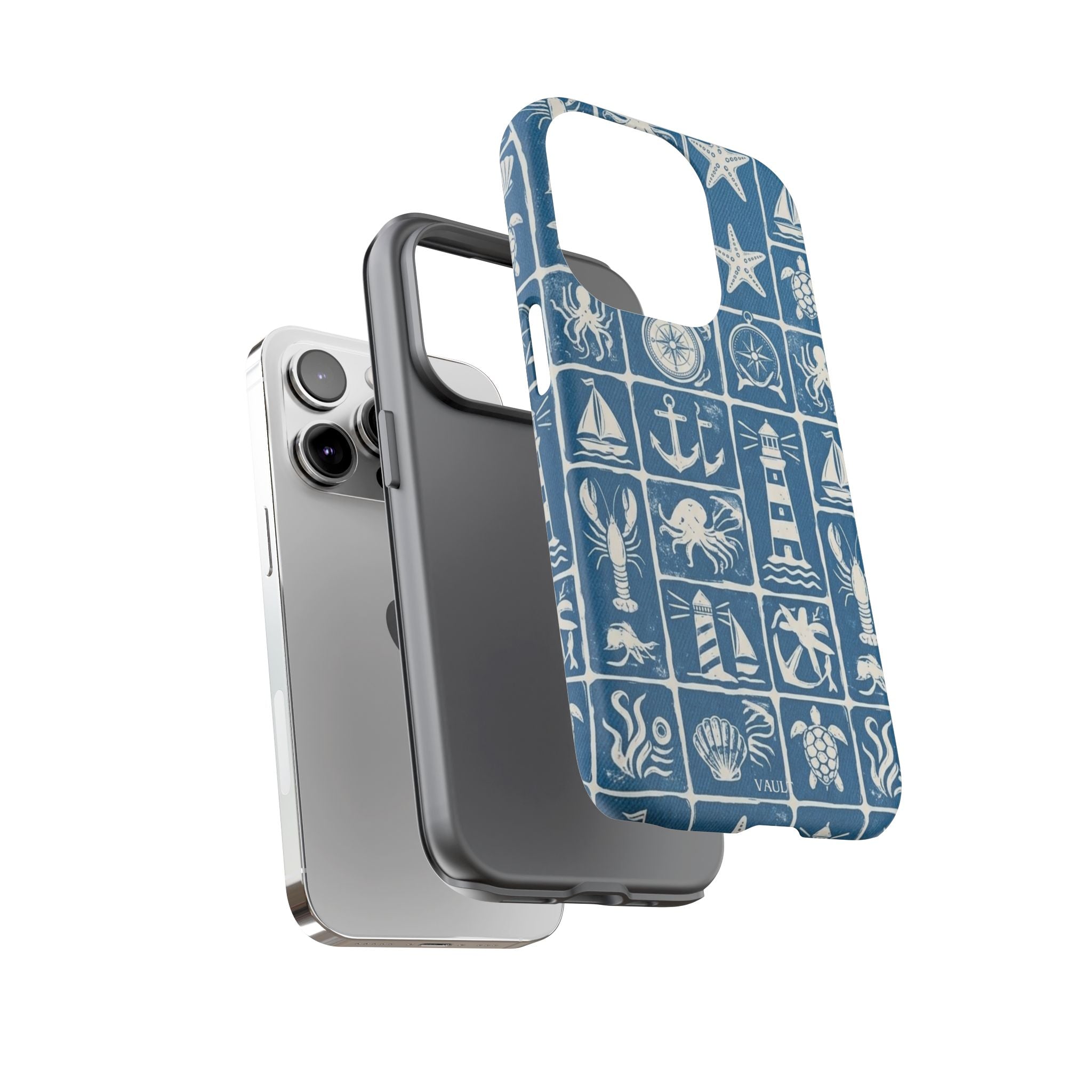 Nautical Tile Phone Case — Blue Coastal Icons (lighthouse, anchor, seashells)