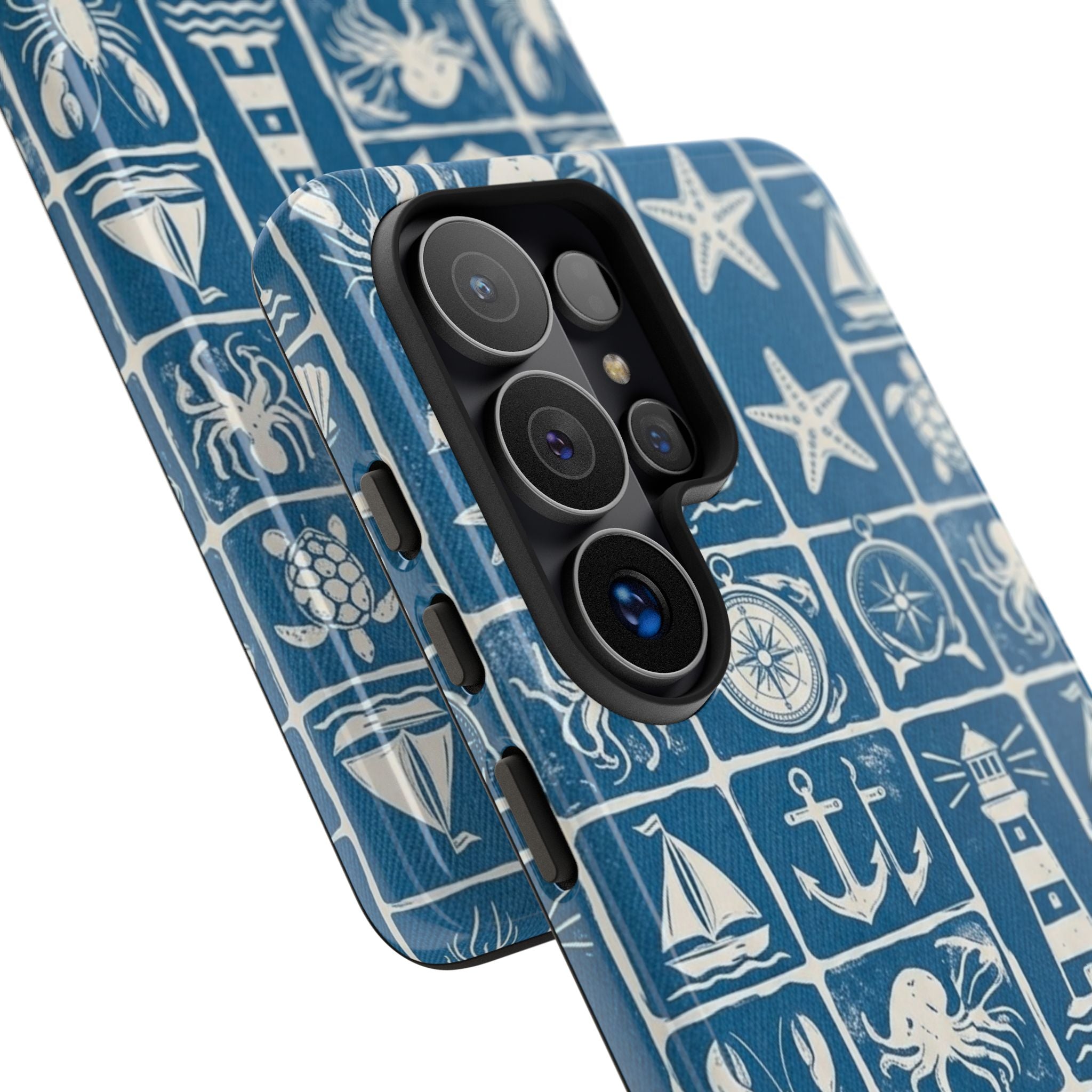 Nautical Tile Phone Case — Blue Coastal Icons (lighthouse, anchor, seashells)