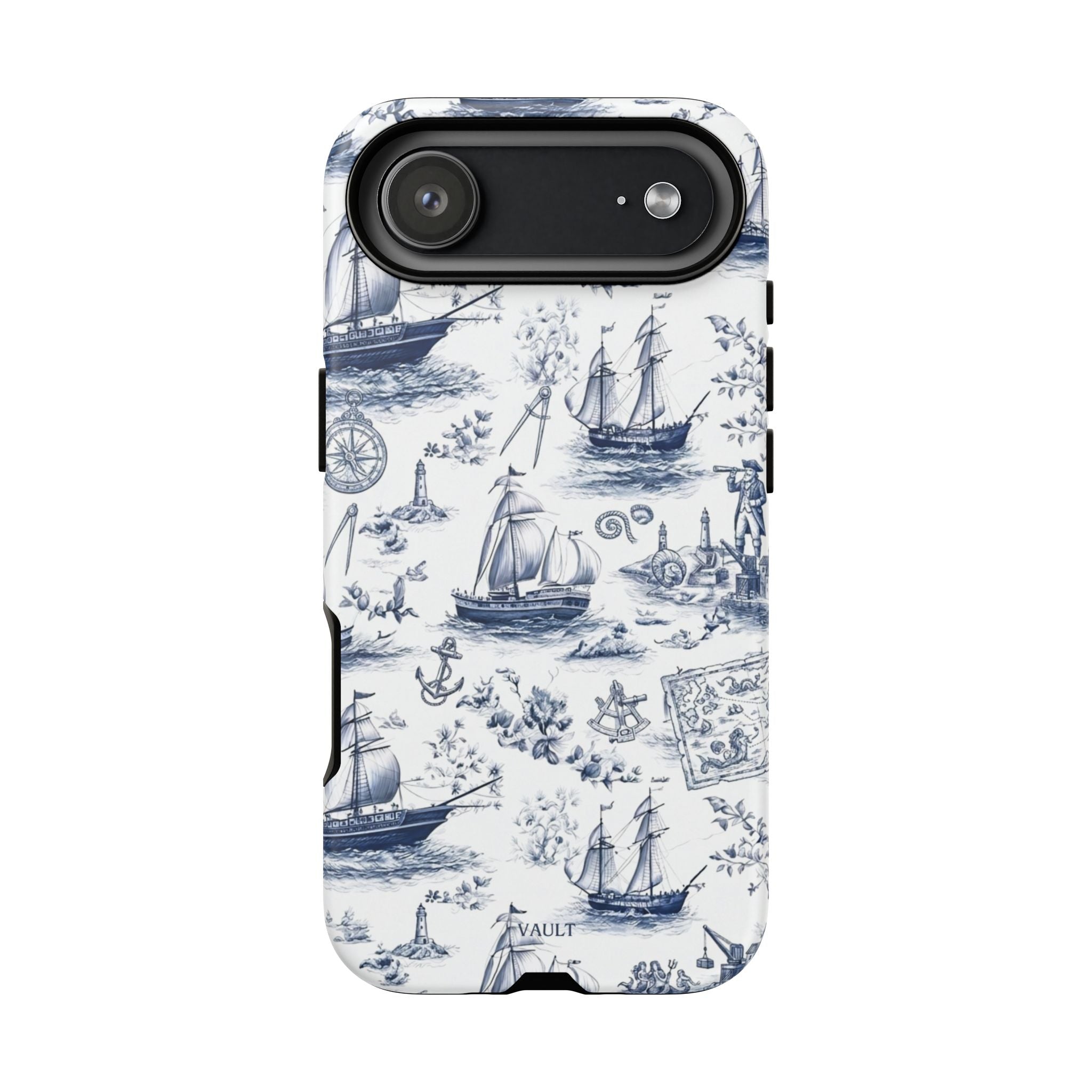 Nautical Vintage Ship Tough Phone Case — Blue Toile Sailboat Pattern