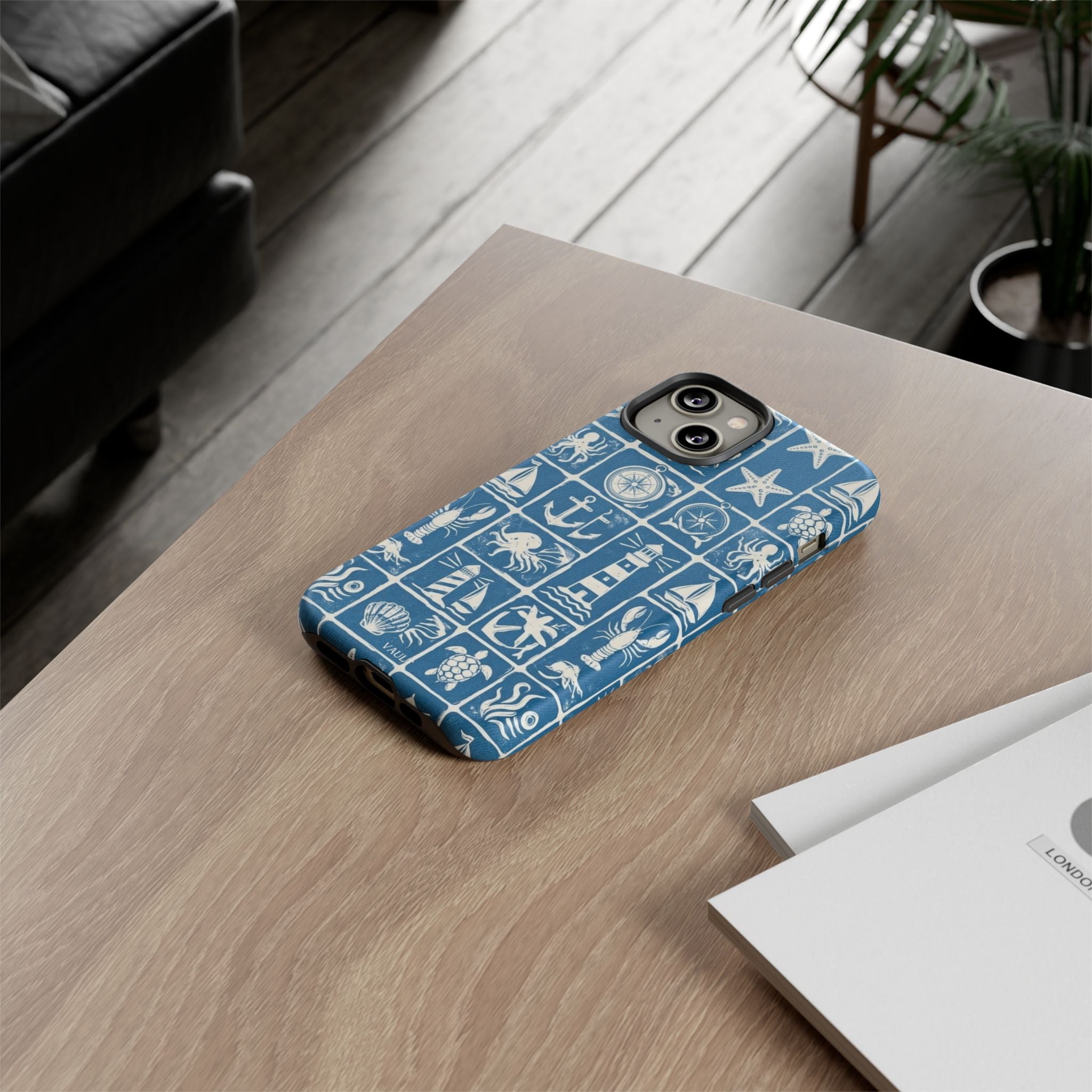 Nautical Tile Phone Case — Blue Coastal Icons (lighthouse, anchor, seashells)