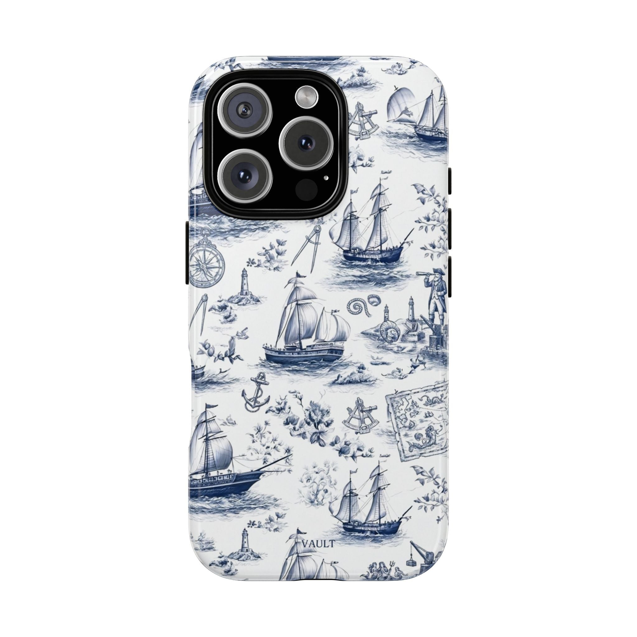 Nautical Vintage Ship Tough Phone Case — Blue Toile Sailboat Pattern