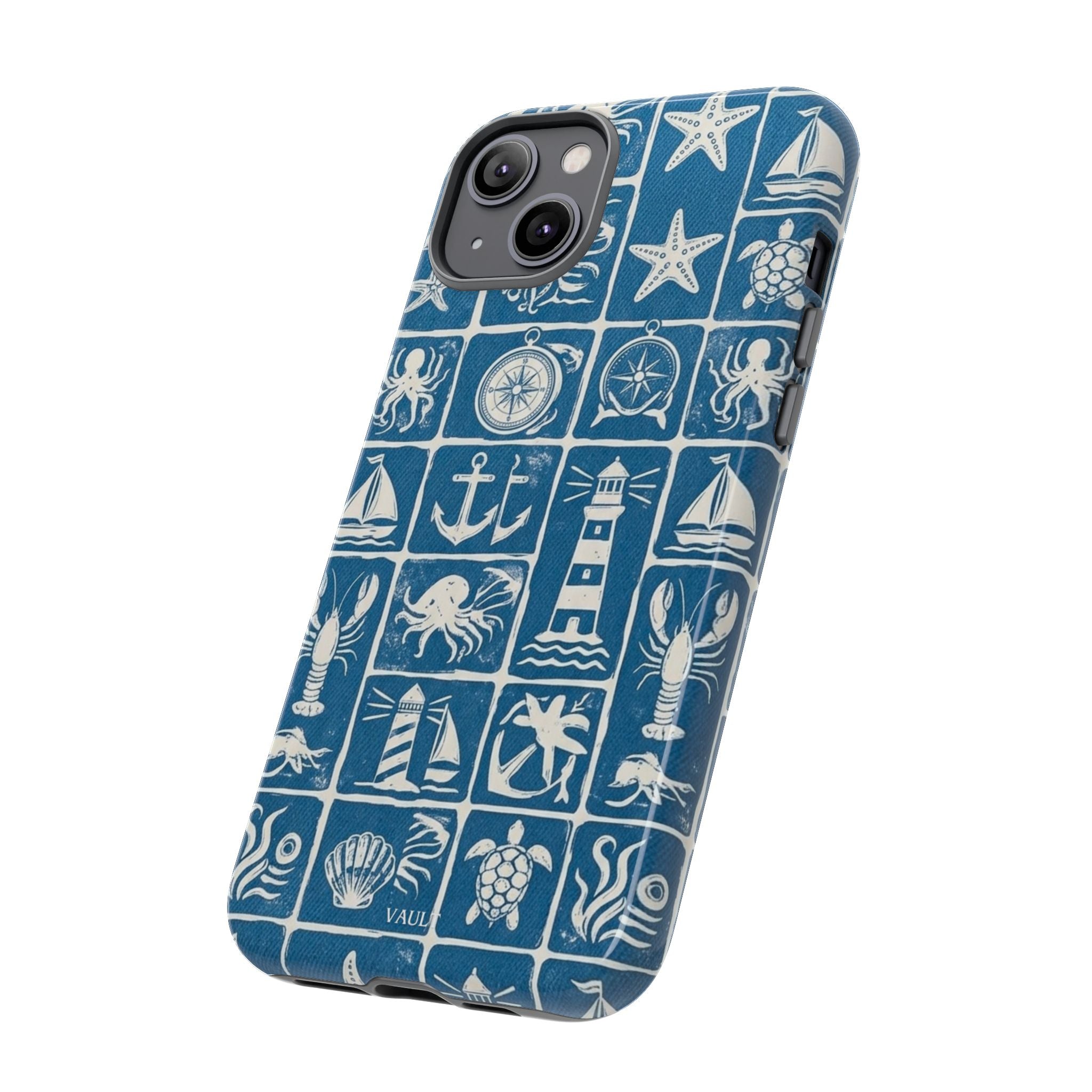 Nautical Tile Phone Case — Blue Coastal Icons (lighthouse, anchor, seashells)