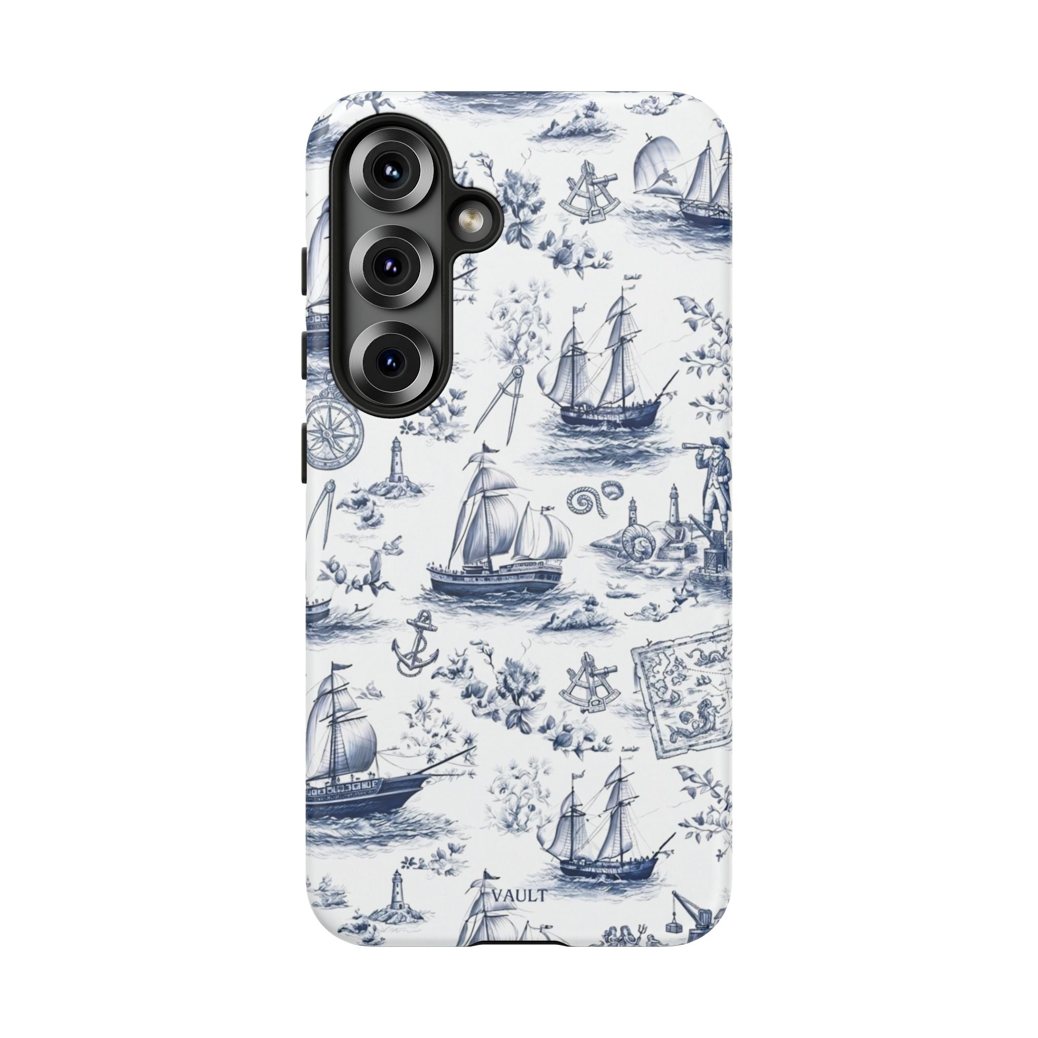 Nautical Vintage Ship Tough Phone Case — Blue Toile Sailboat Pattern