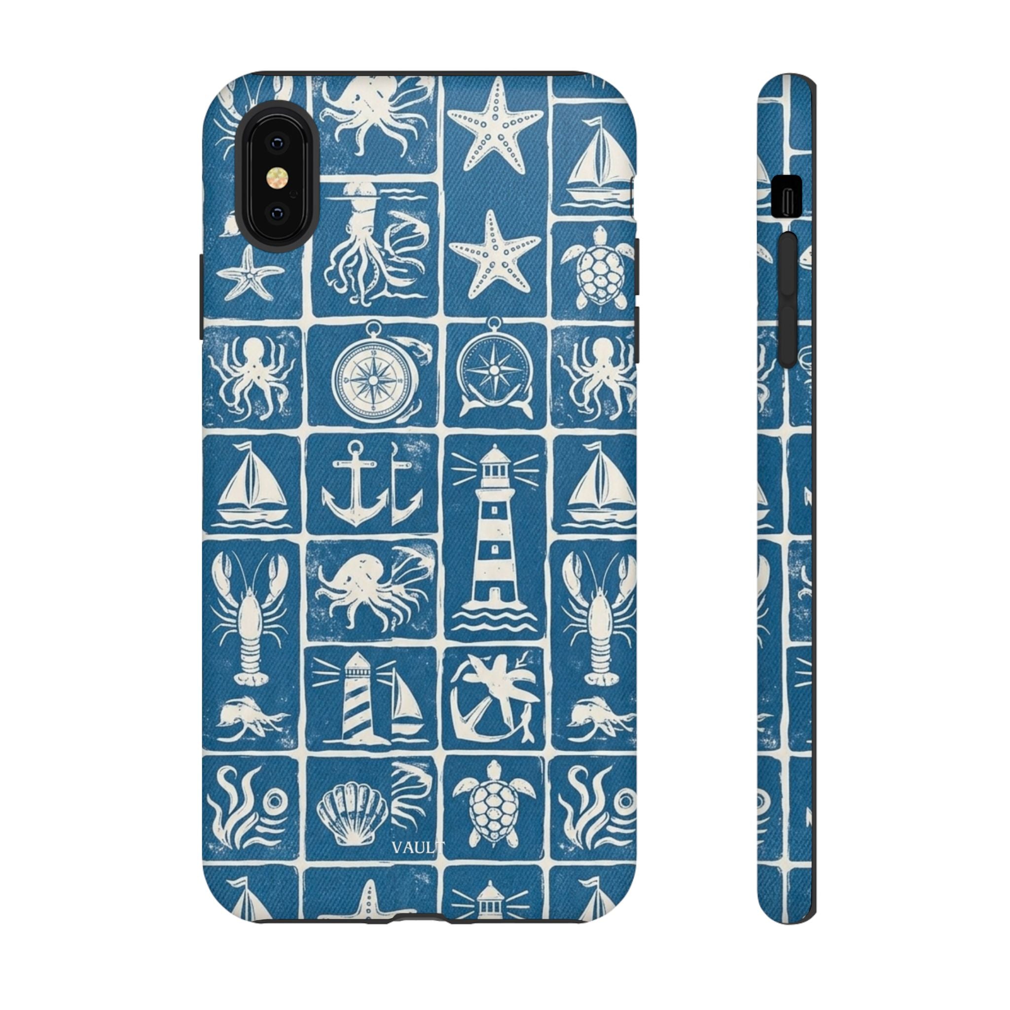 Nautical Tile Phone Case — Blue Coastal Icons (lighthouse, anchor, seashells)