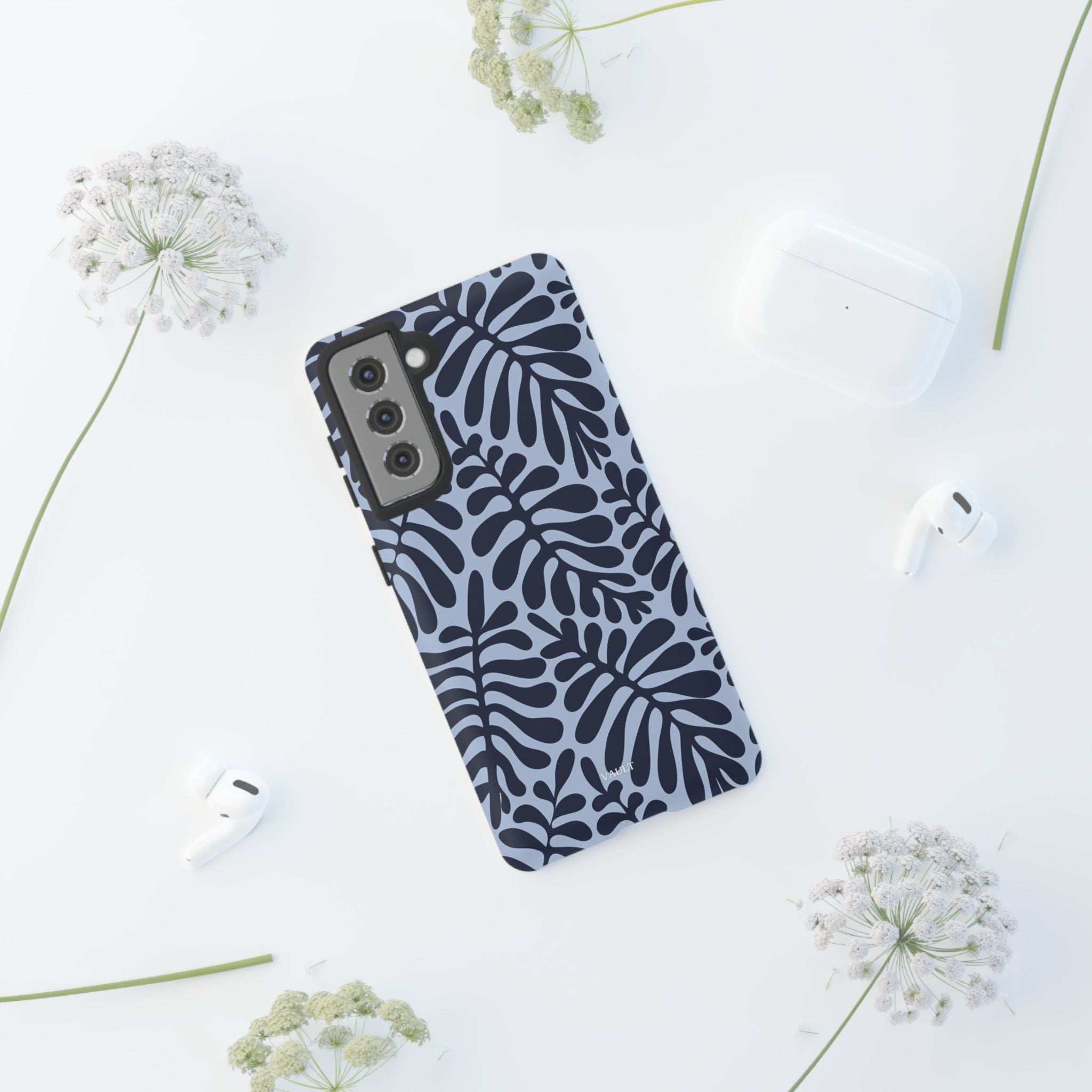 Floral Fern Tough Phone Case – Navy Blue on Light Blue, Protective Slim Cover